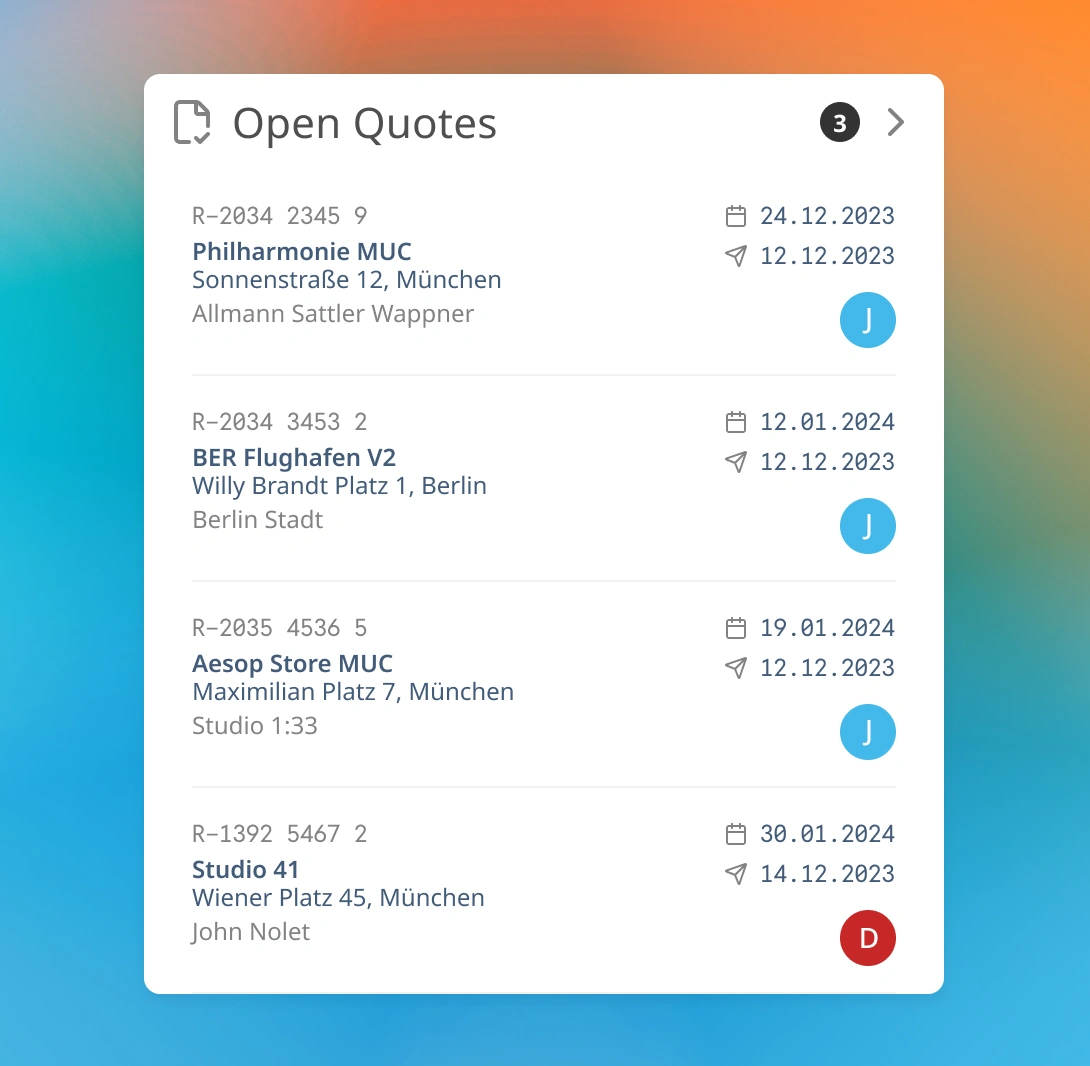 An overview of the quotes sent, but even more important, an overview of quote drafts with highlighted due-dates. Helping you find the most urgent actions on the screen.
