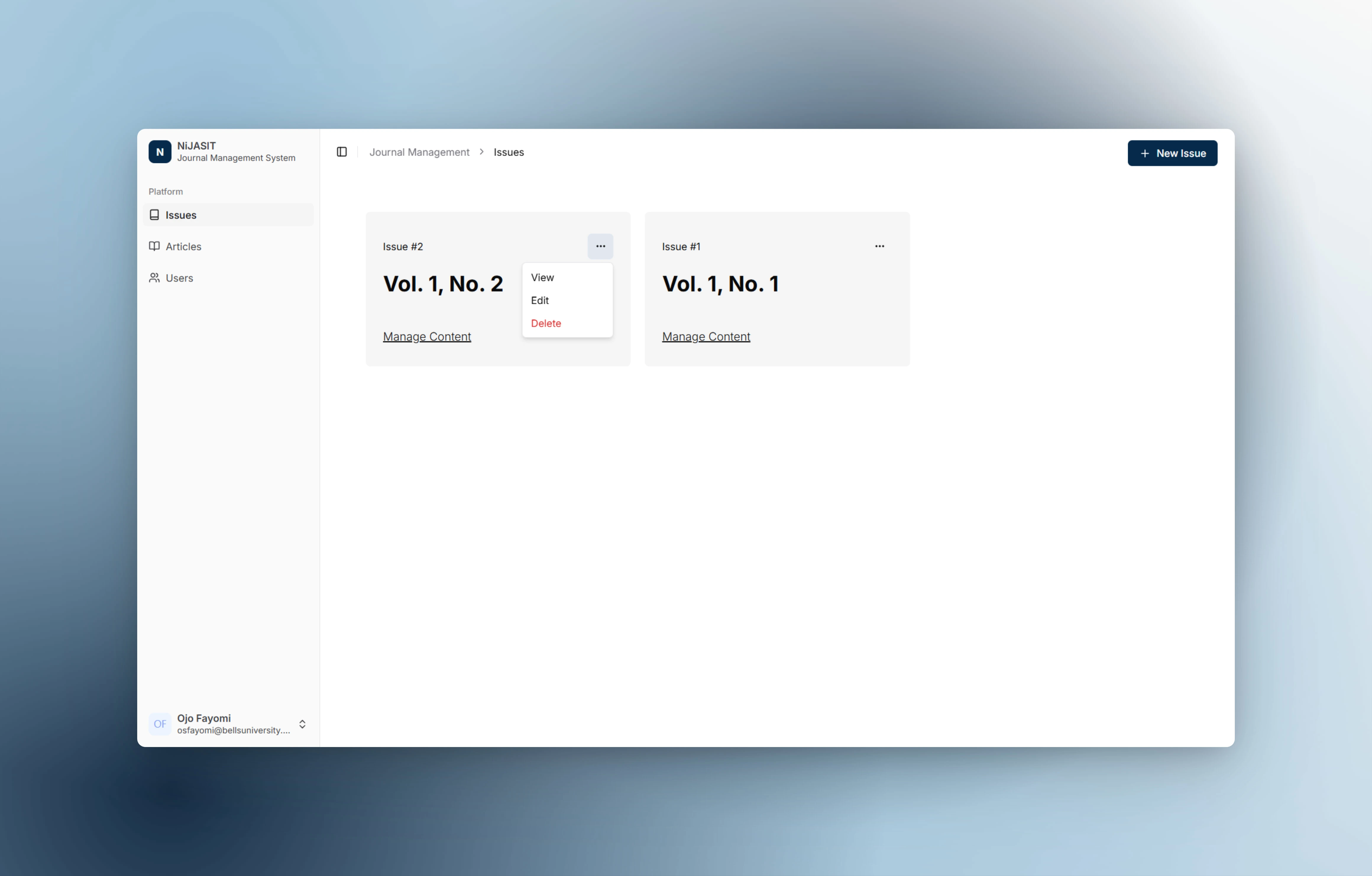 Issues page with edit, view and delete functionality