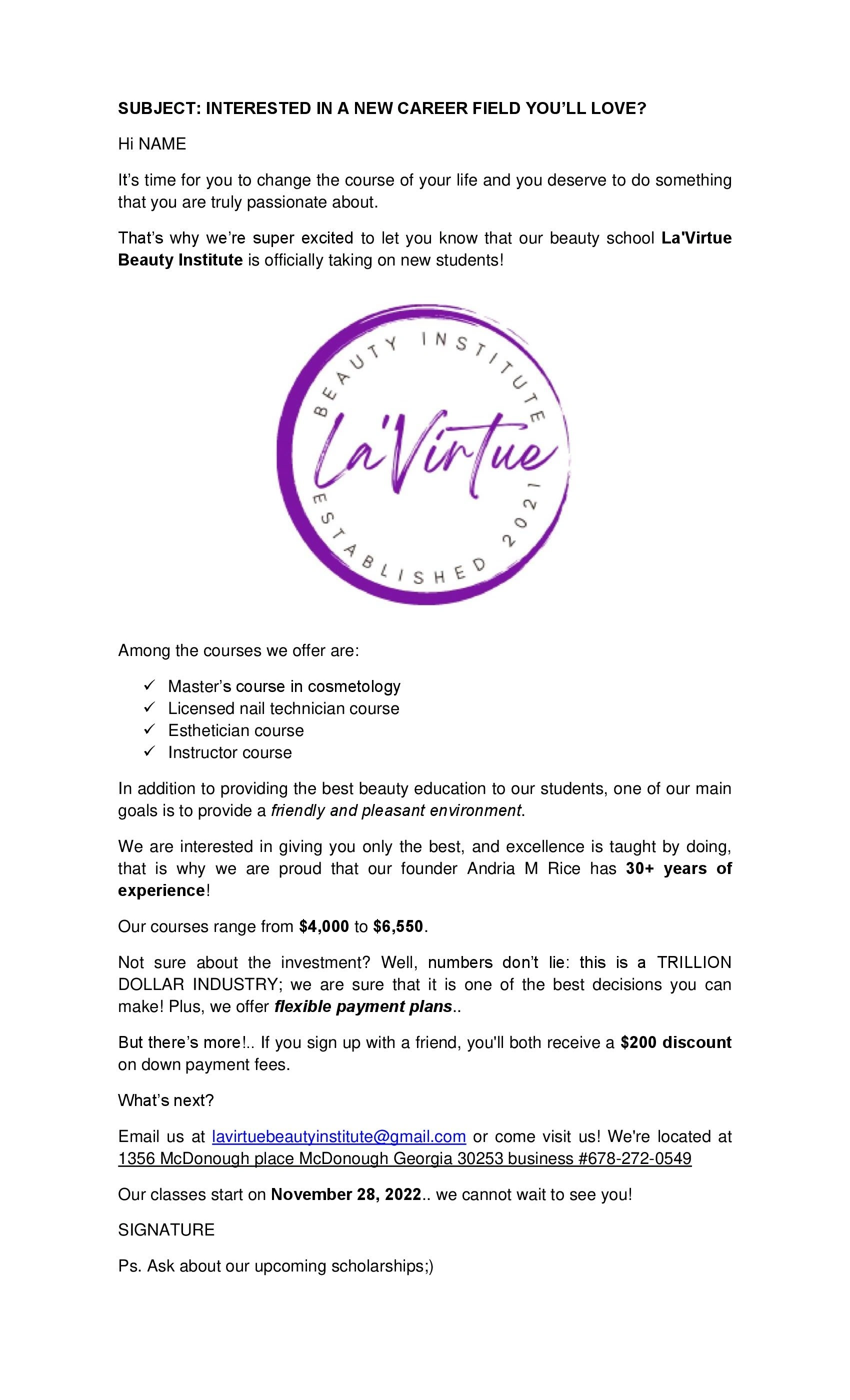 Cold email for a beauty institute
