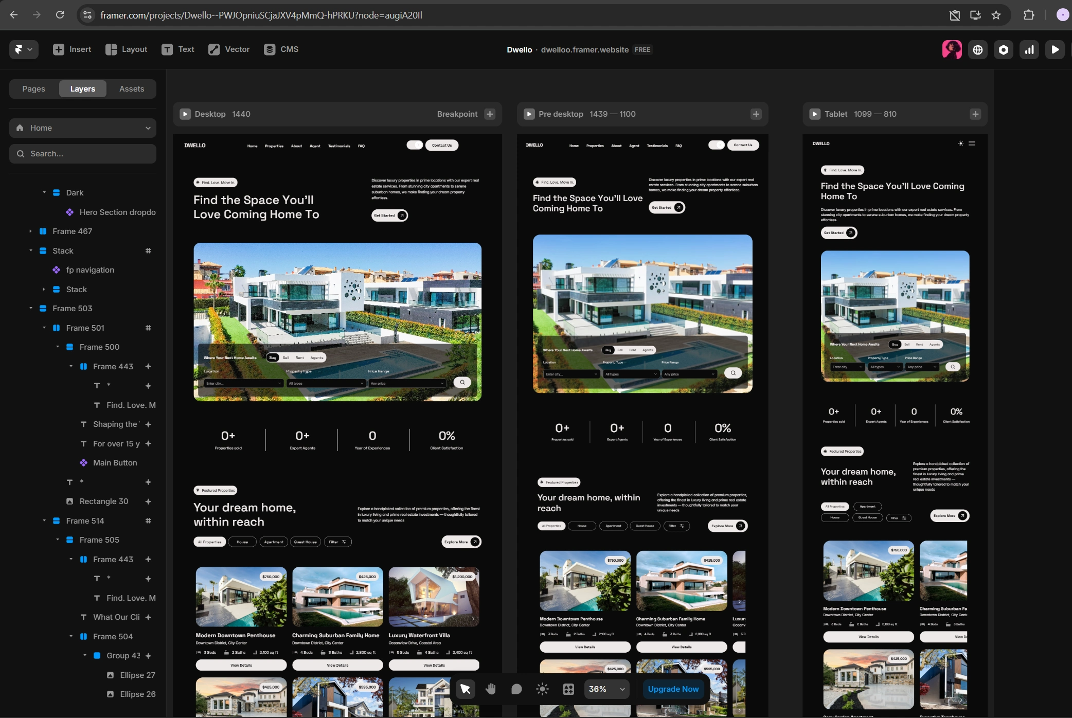 Dark Mode of the project on the Framer workspace