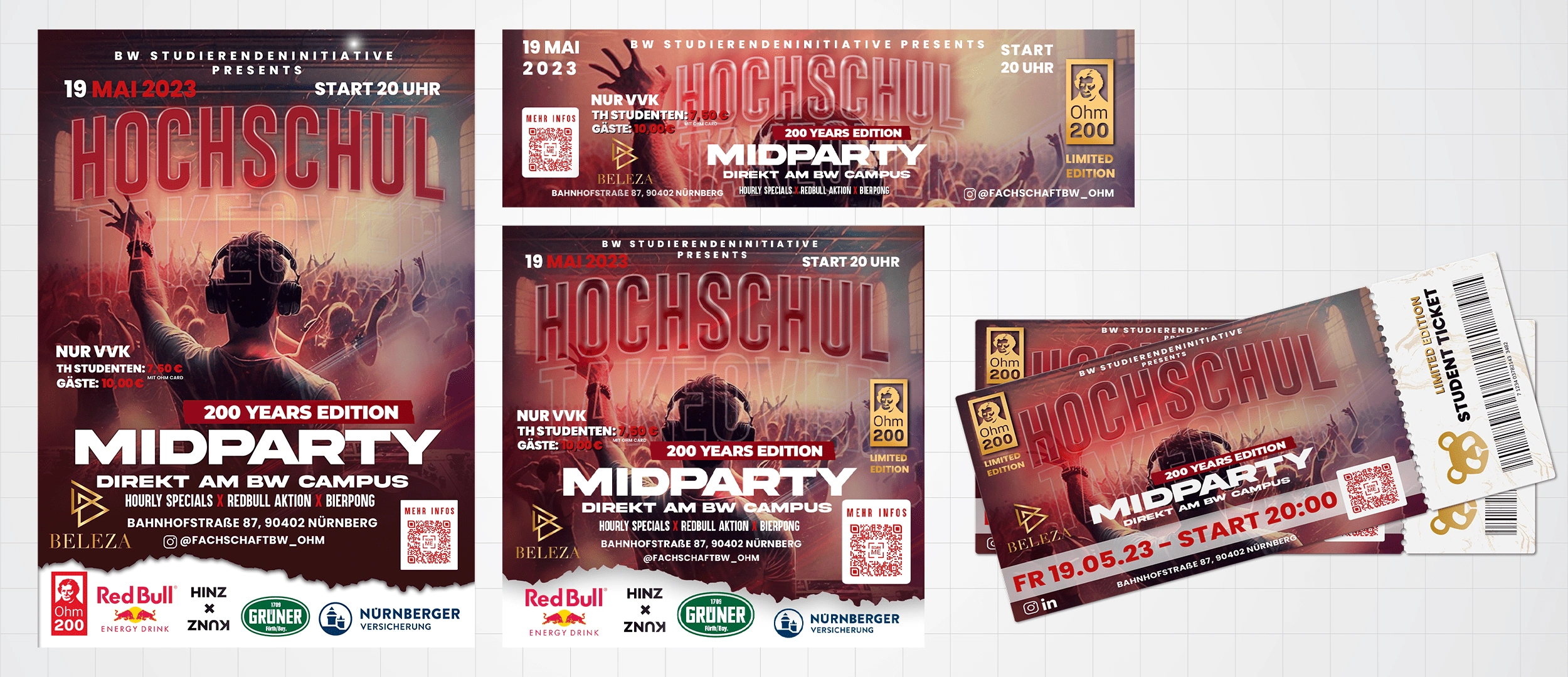 High-impact poster, ticket, and wristband designs with full brand partner integration for Midparty’s 200-year anniversary edition.