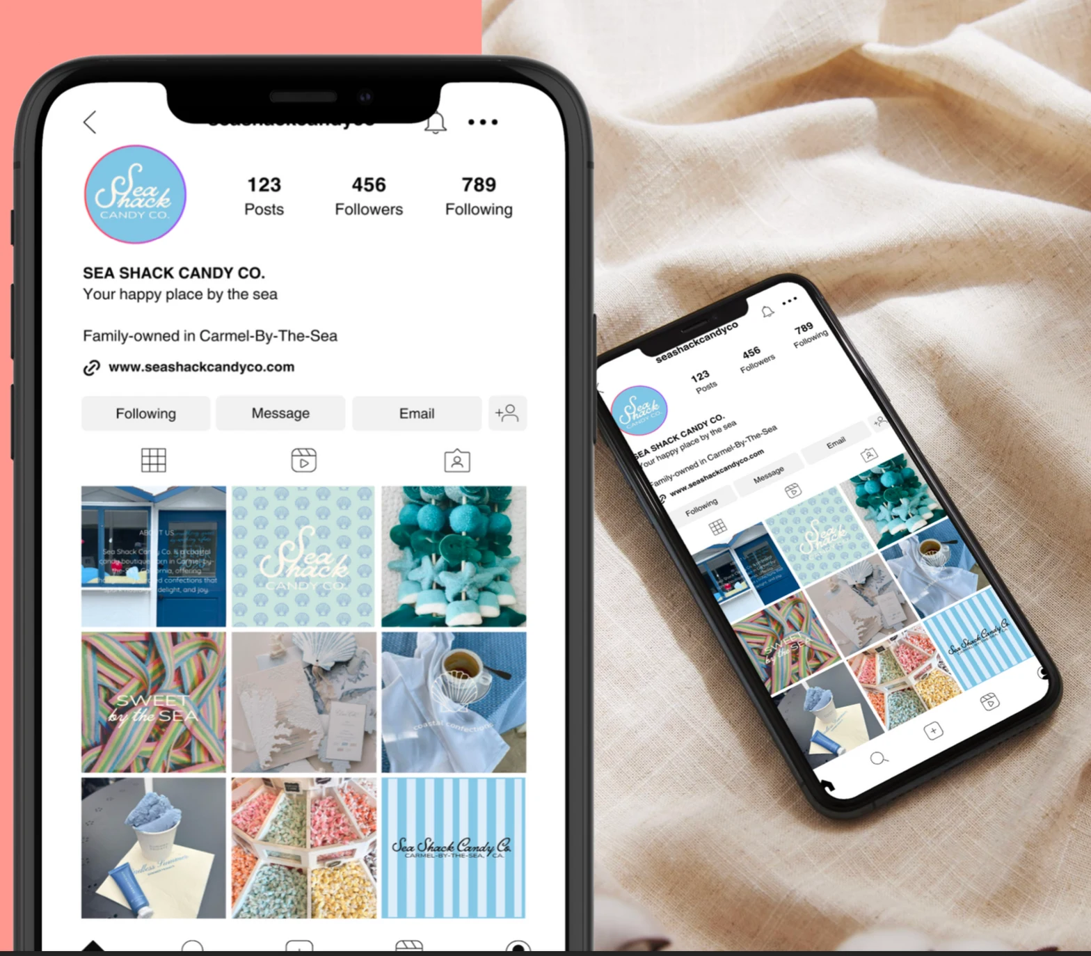 Mockup of social feed featuring new brand colours, logos, and patterns 