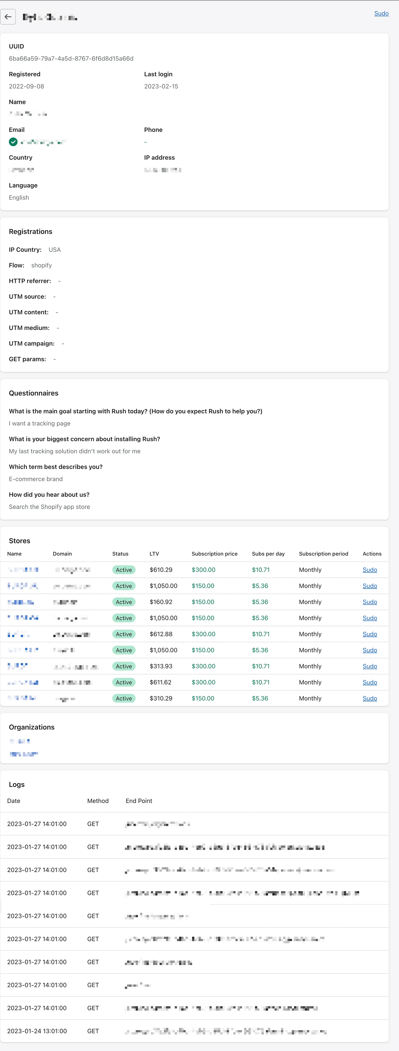 Just to showcase you a successful user — installed Rush via Shopify Marketplace first and then connected all stores to his account/organization.