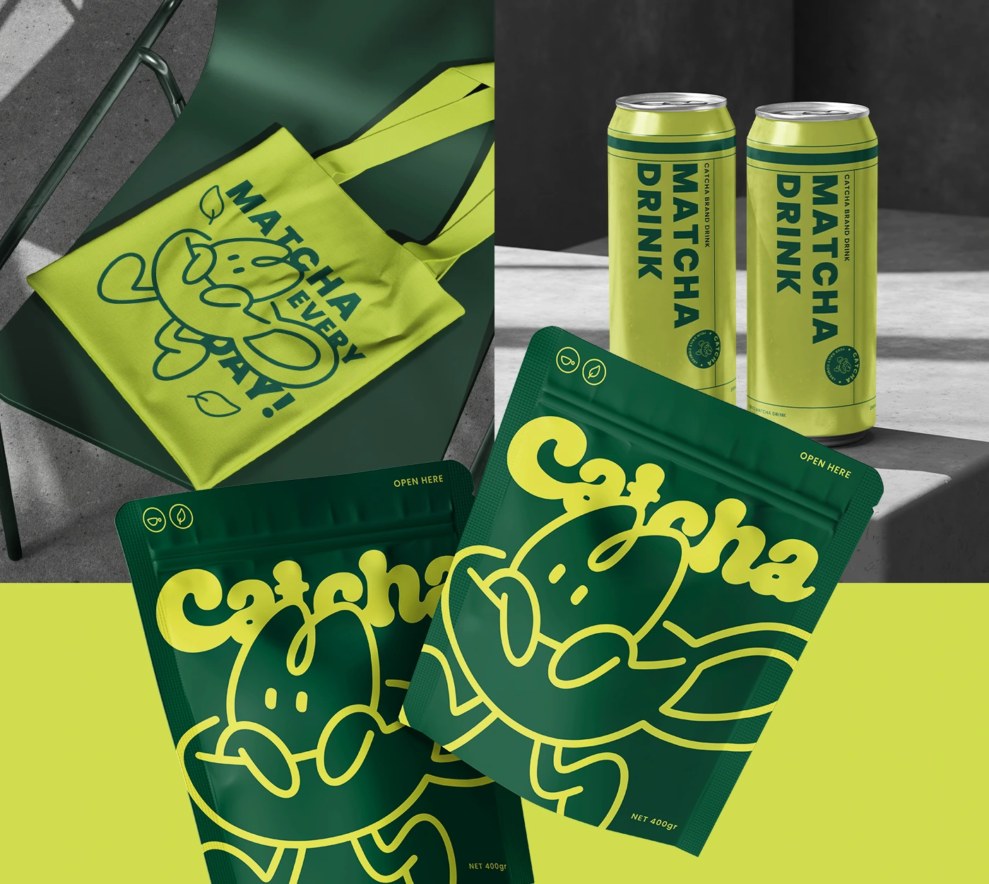 Catcha matcha product design featuring pouch, tote bag, and canned drink packaging.