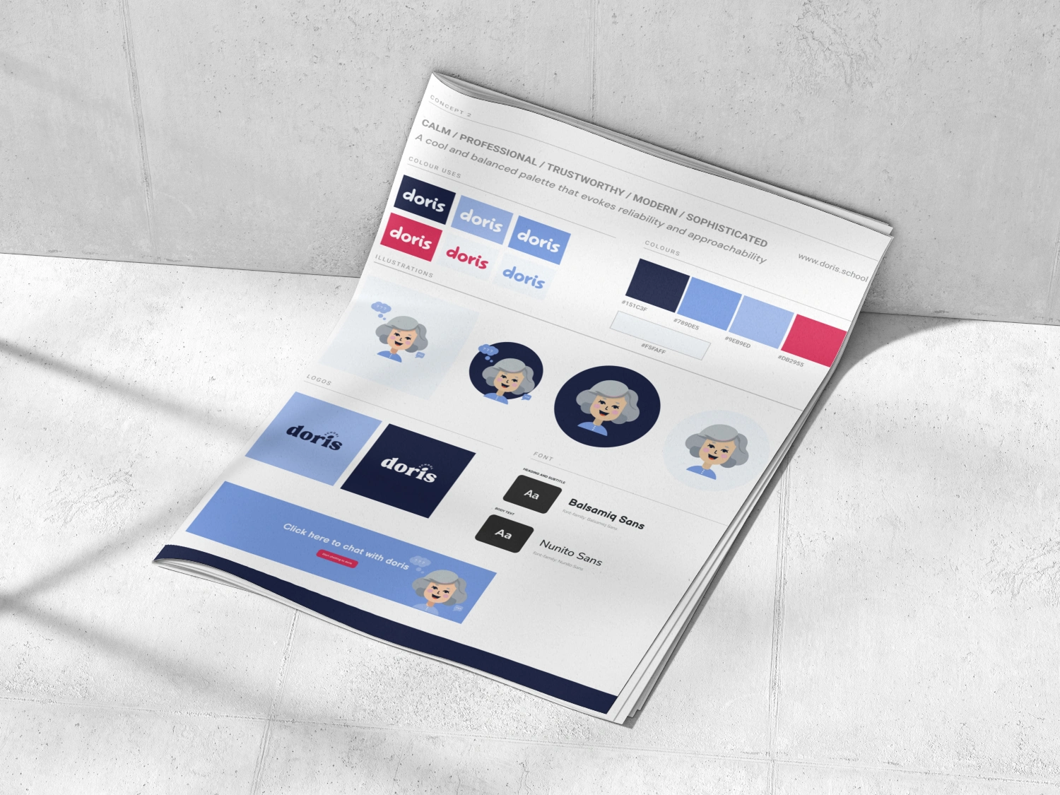 Doris School Brand Identity
A calm, approachable visual system featuring the logo, colour palette, mascot illustrations, and typography designed to appeal to both parents and school professionals.
