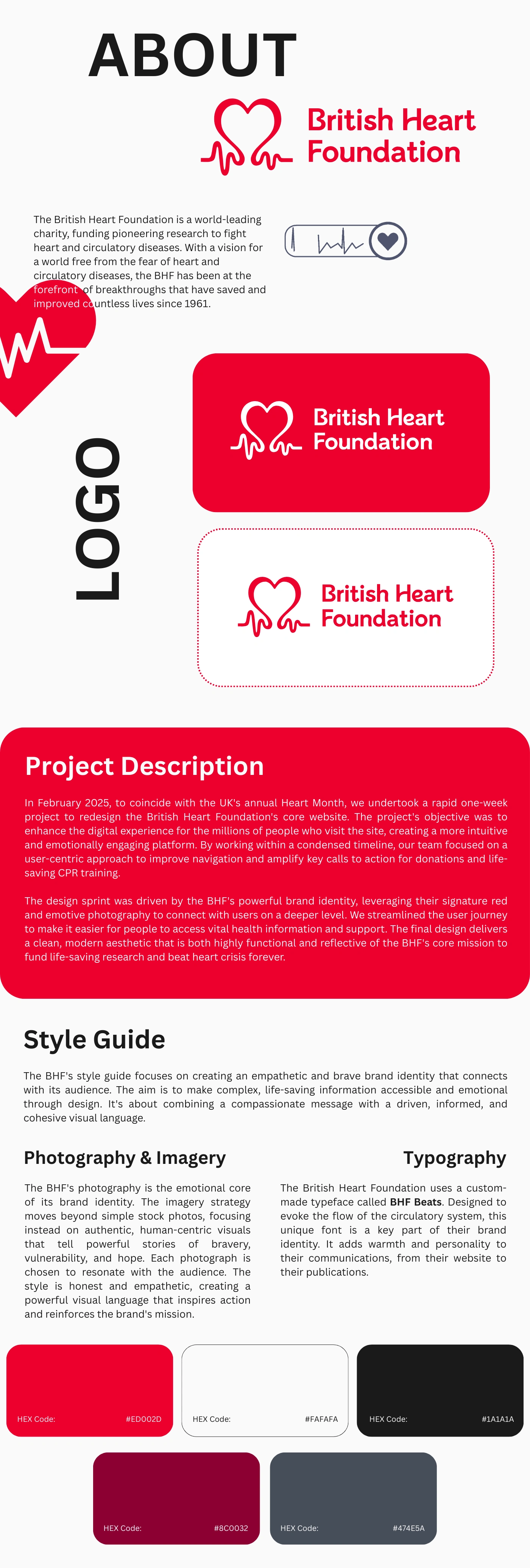 A complete webpage design showing the brand identity for the British Heart Foundation. The design includes a section with a logo, a project description with red and white text, and a style guide that defines typography, photography, and the brand’s color palette.