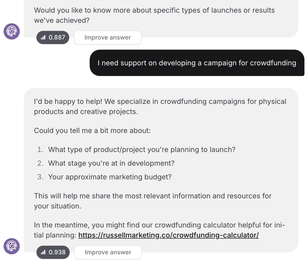 The assistant has been trained to request information from visitors to ensure relevant responses