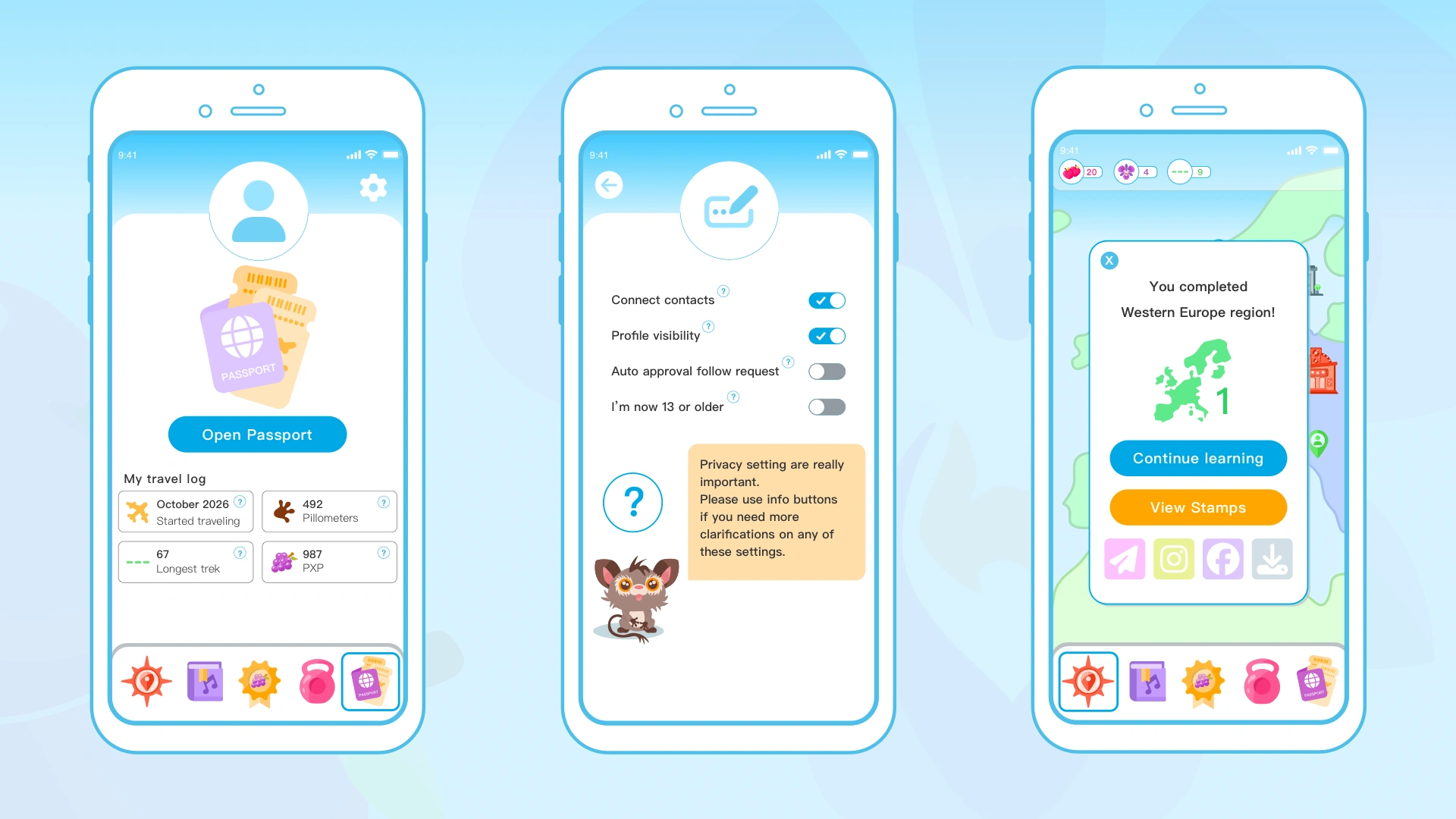 UI design for some screens: User's account, Privacy settings, Post lesson notification