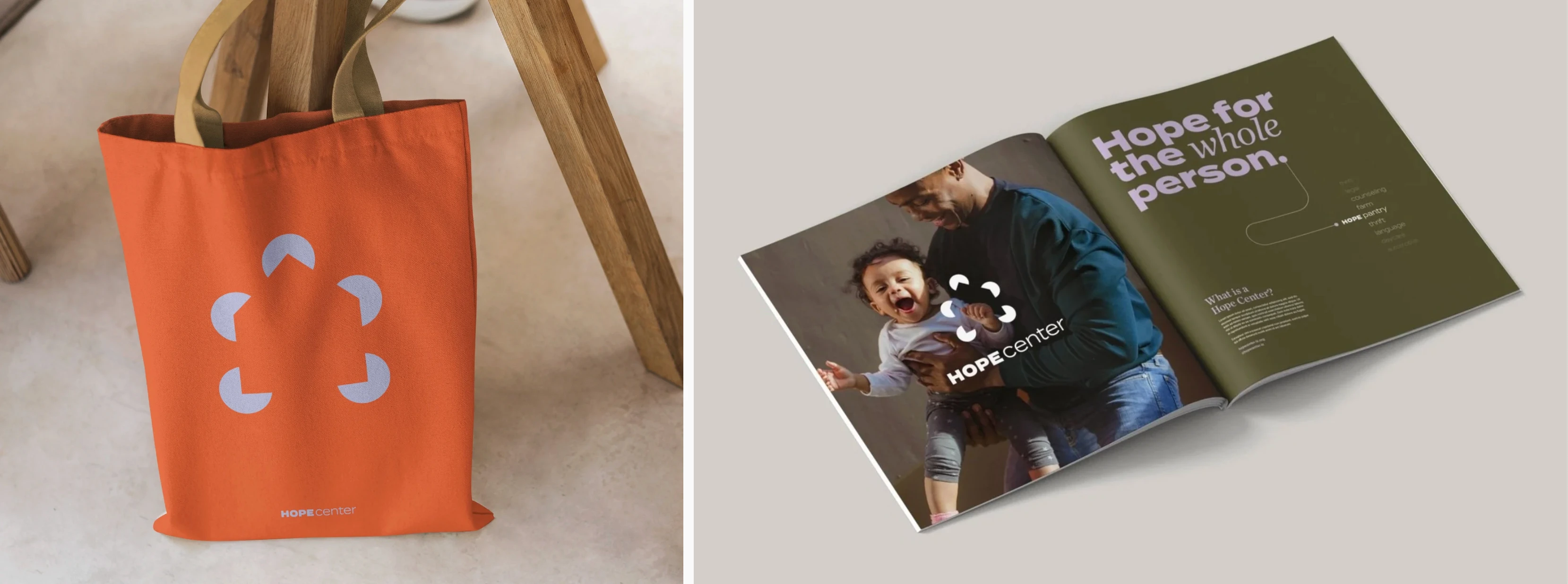 Practical pieces like tote bags and booklets extend the Hope Center brand beyond the walls, giving the community tangible reminders of welcome and care.