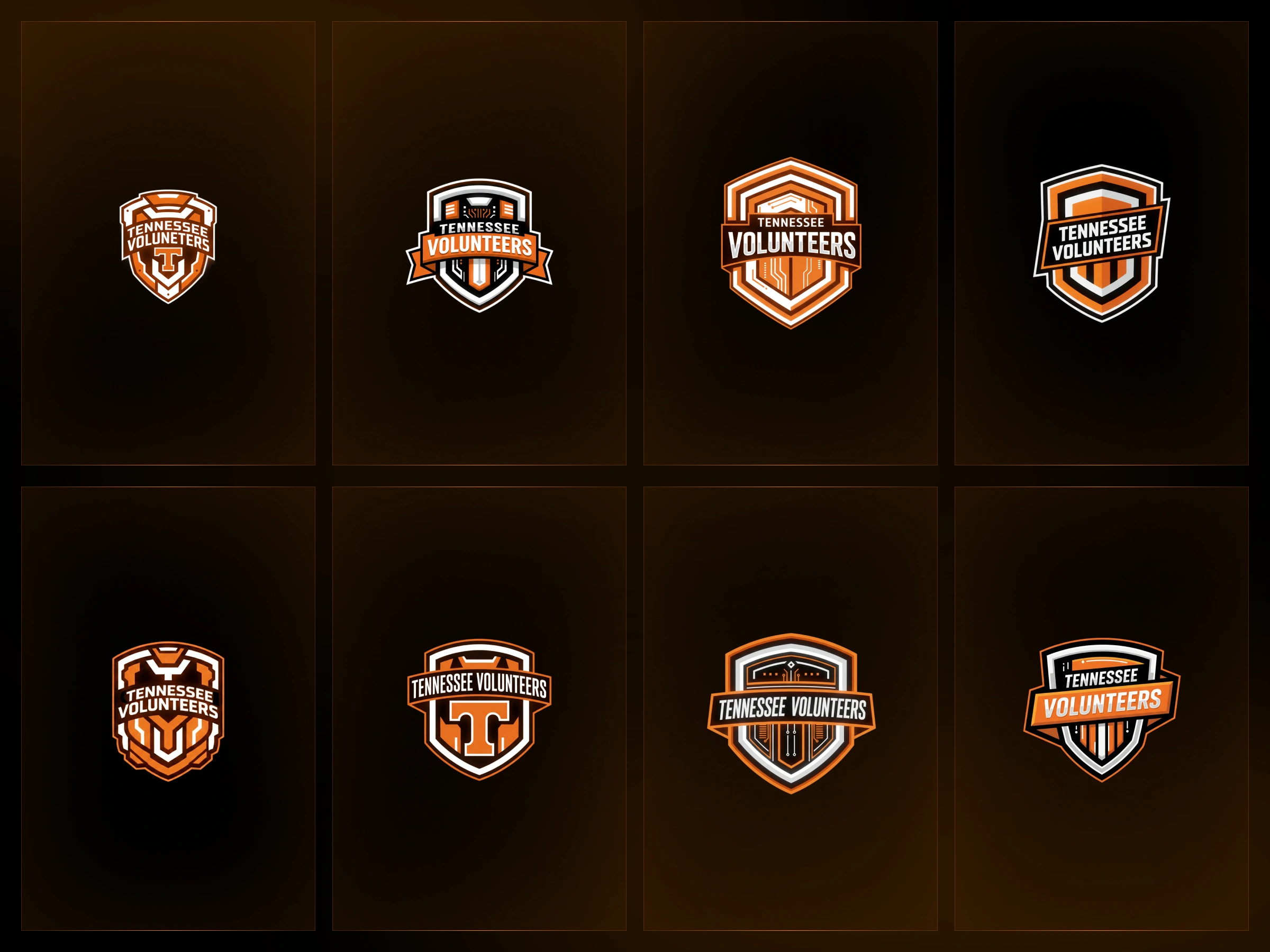 Bold orange-and-white crest with shield depth, esports typography, and symmetrical balance.