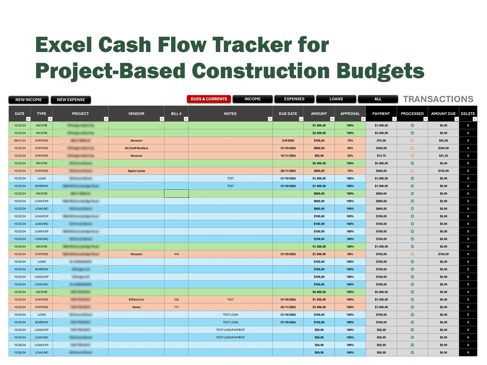 Unified transaction log with project tagging, vendor selection, loan types, approval tracking, and automated payment reconciliation. Includes status indicators, due-date filters, and built-in deletion controls — all managed via Excel-native automation.