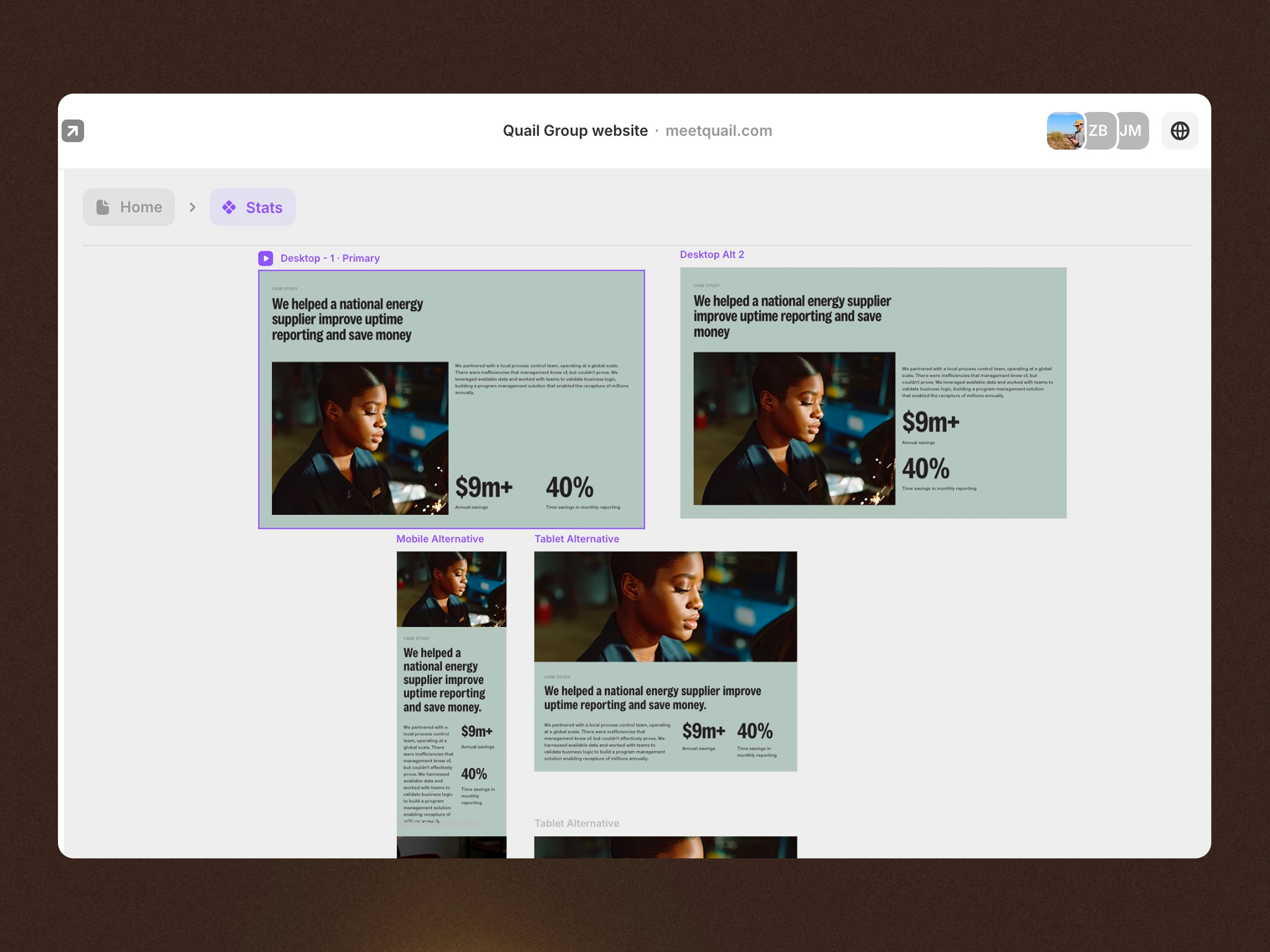 Component design/development for the Testimonial section, maximizing the strengths of each platform to showcase Quail Group's results