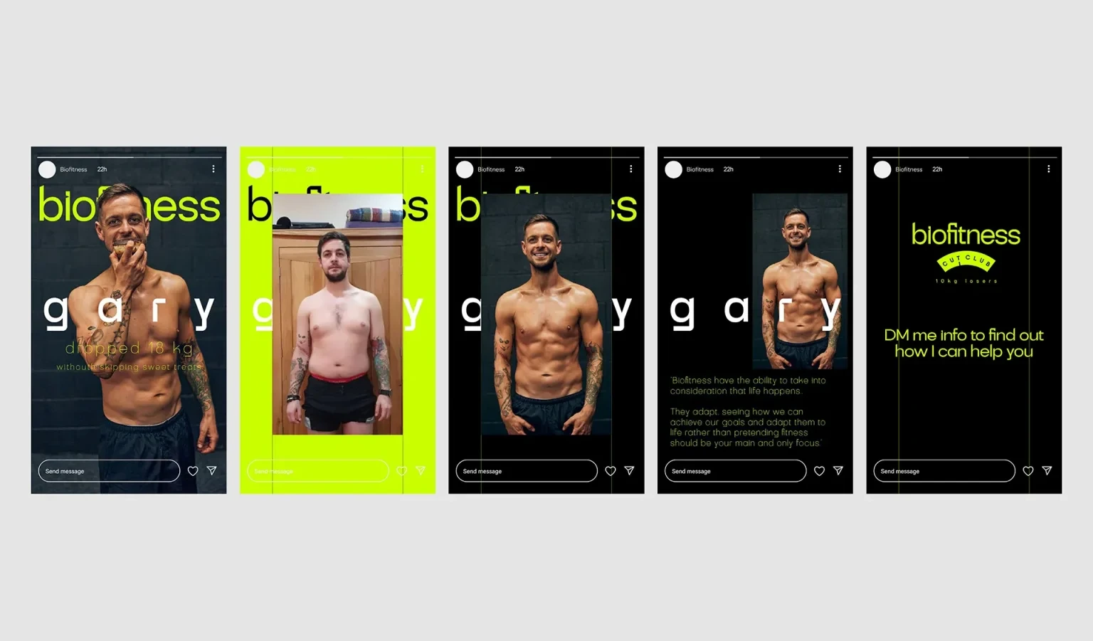 Instagram slider template showing client results and their testimonial