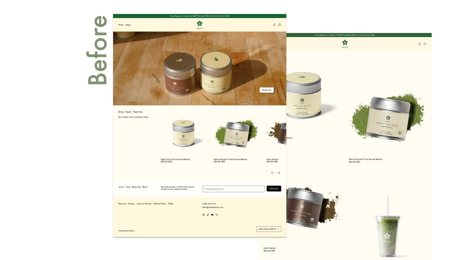 Homepage and product pages - Before