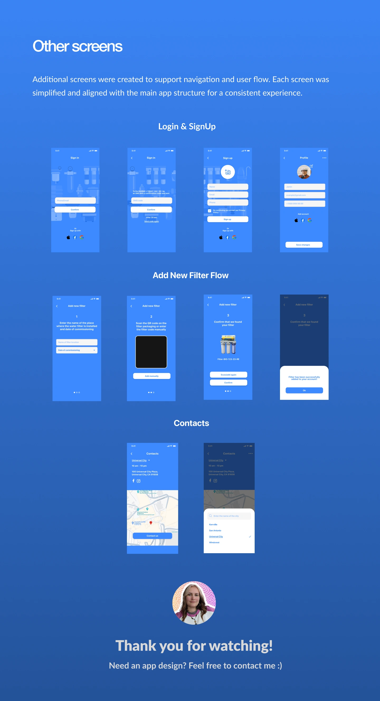 Supporting screens for authentication: email/phone login, SMS verification, and onboarding steps.
