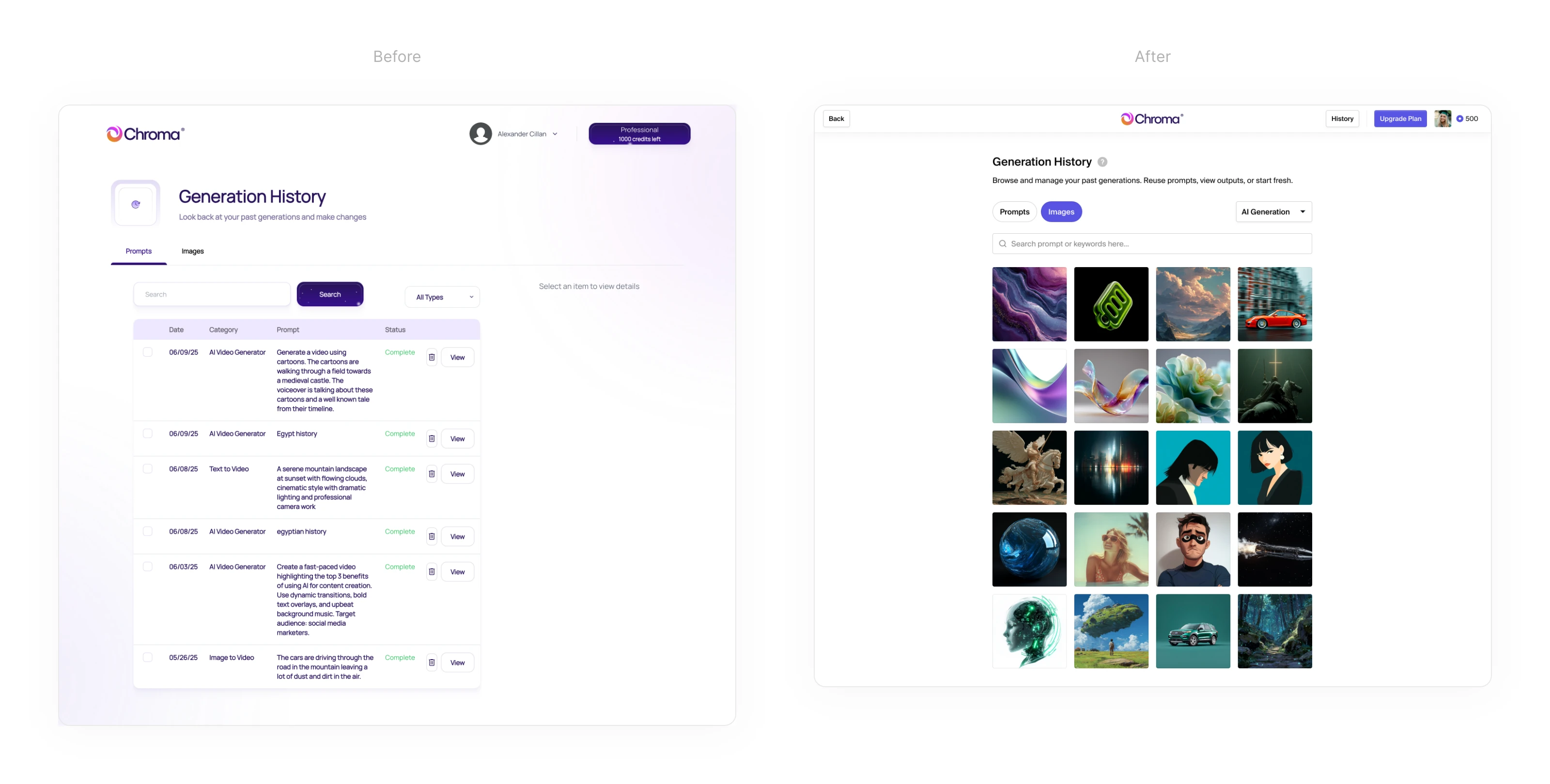 Generation History screen. Left image is the original concept. Right image is the redesigned version.