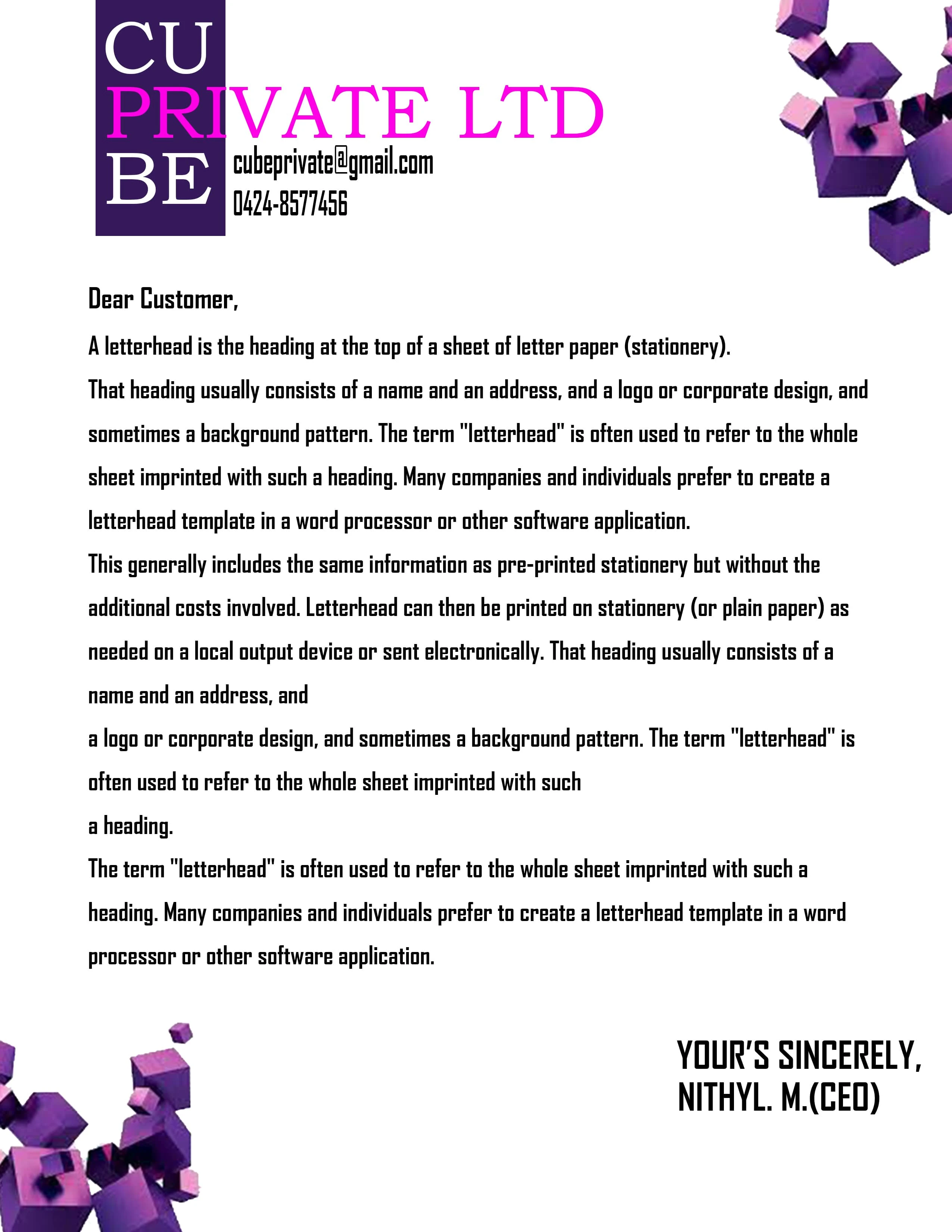 CORPORATE LETTER HEAD