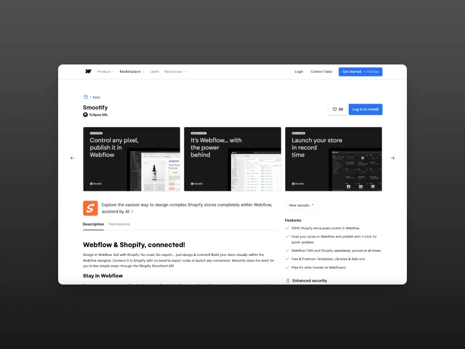 The app Smootify on the Webflow apps marketplace