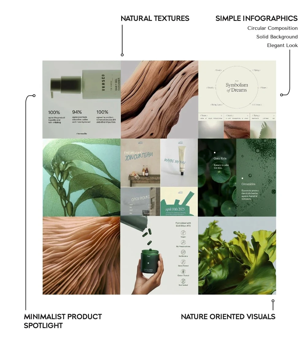 Forest green, organic textures + structured layout = a visual voice rooted in credibility and nuance.