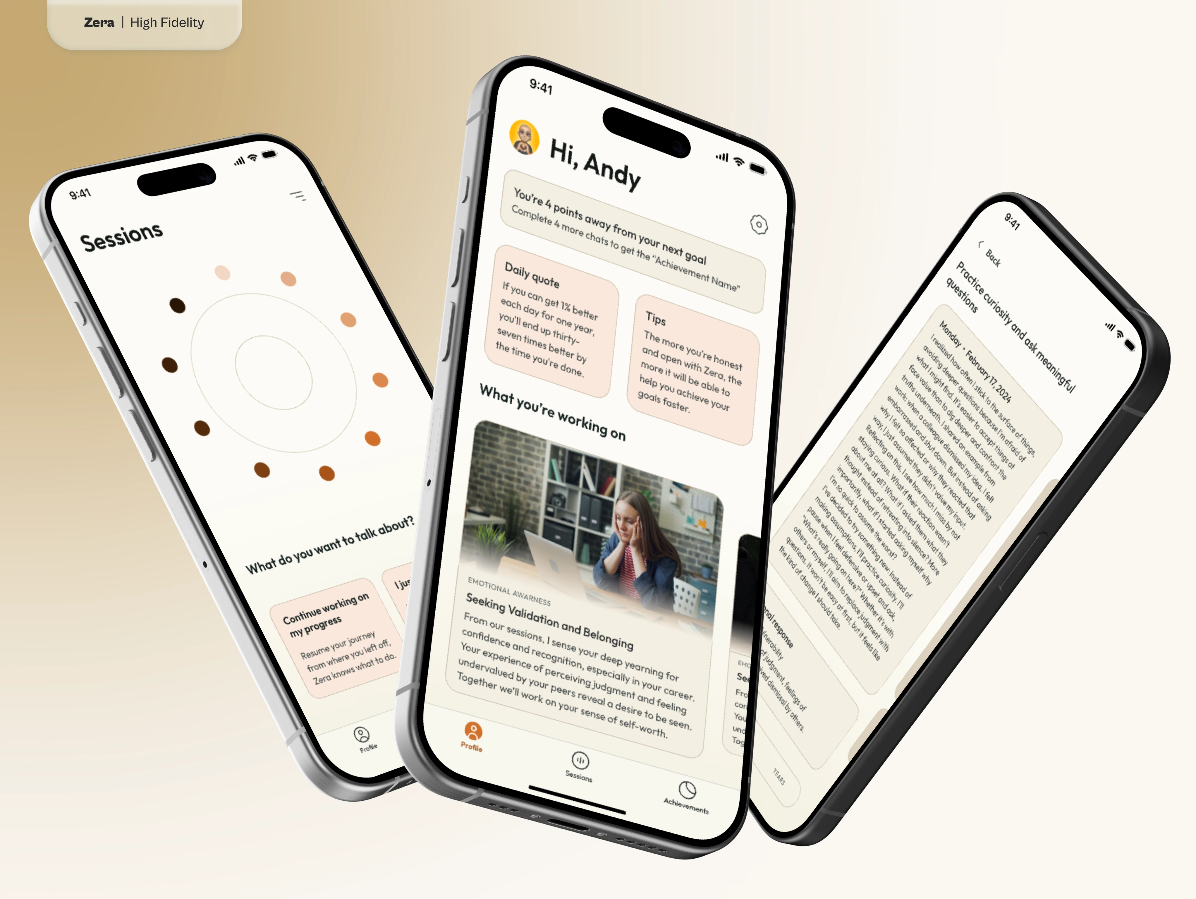 Three screens of the redesigned UI: Profile, Sessions, and the AI generated diary entry to show users' progresses