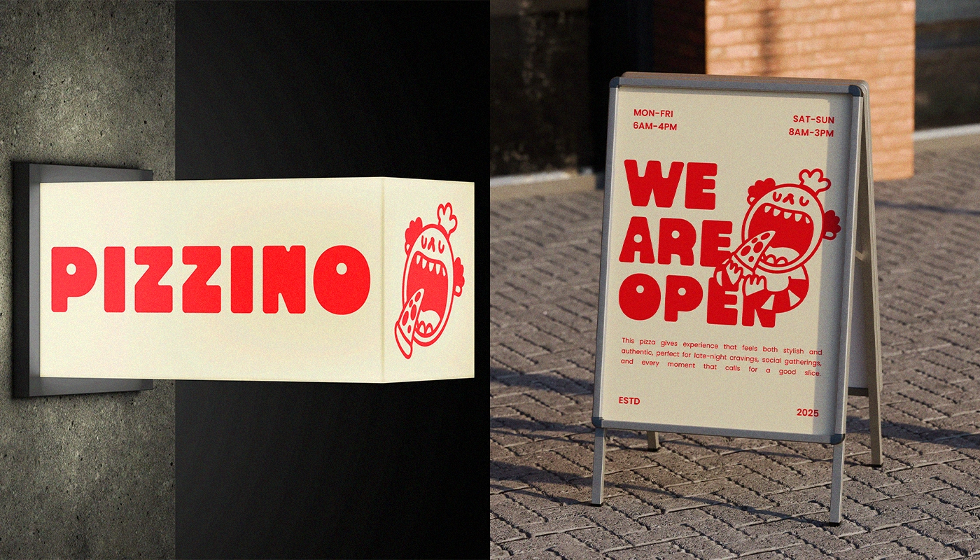 Pizzino storefront signage and open board with bold red mascot and logo design.