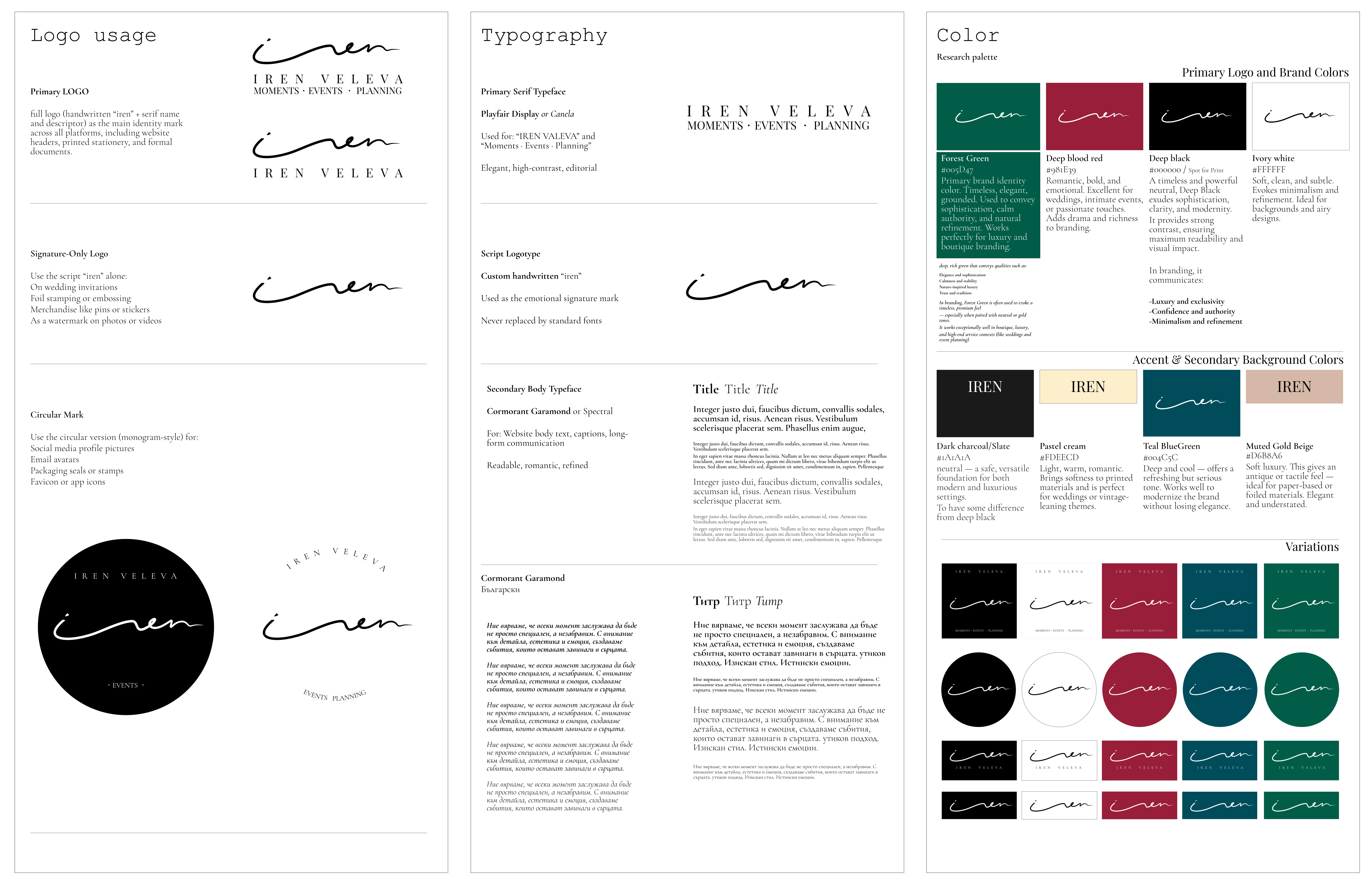 Detail of the initial brand strategy with the different logo usages and a typography set with a color palette that fits the big idea, think saint tropez events with champagne and yacht clubs