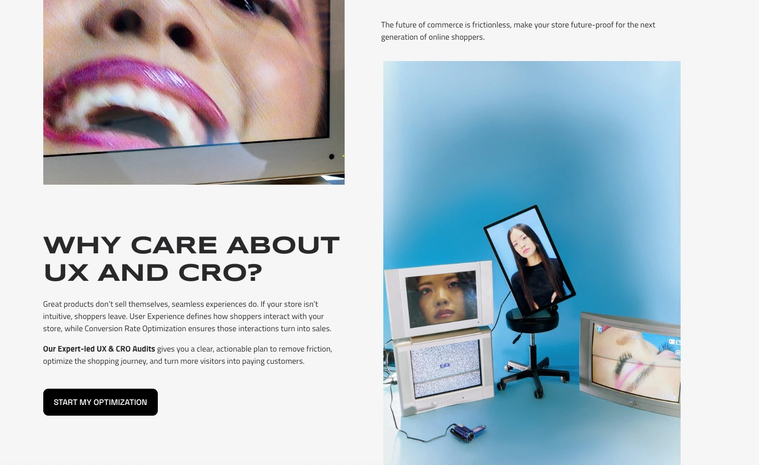 Mid-scroll section blending strategic education and visual culture. This layout explains the value of UX + CRO while reinforcing the brand’s aesthetic world through artful, Gen Z-aligned styling.