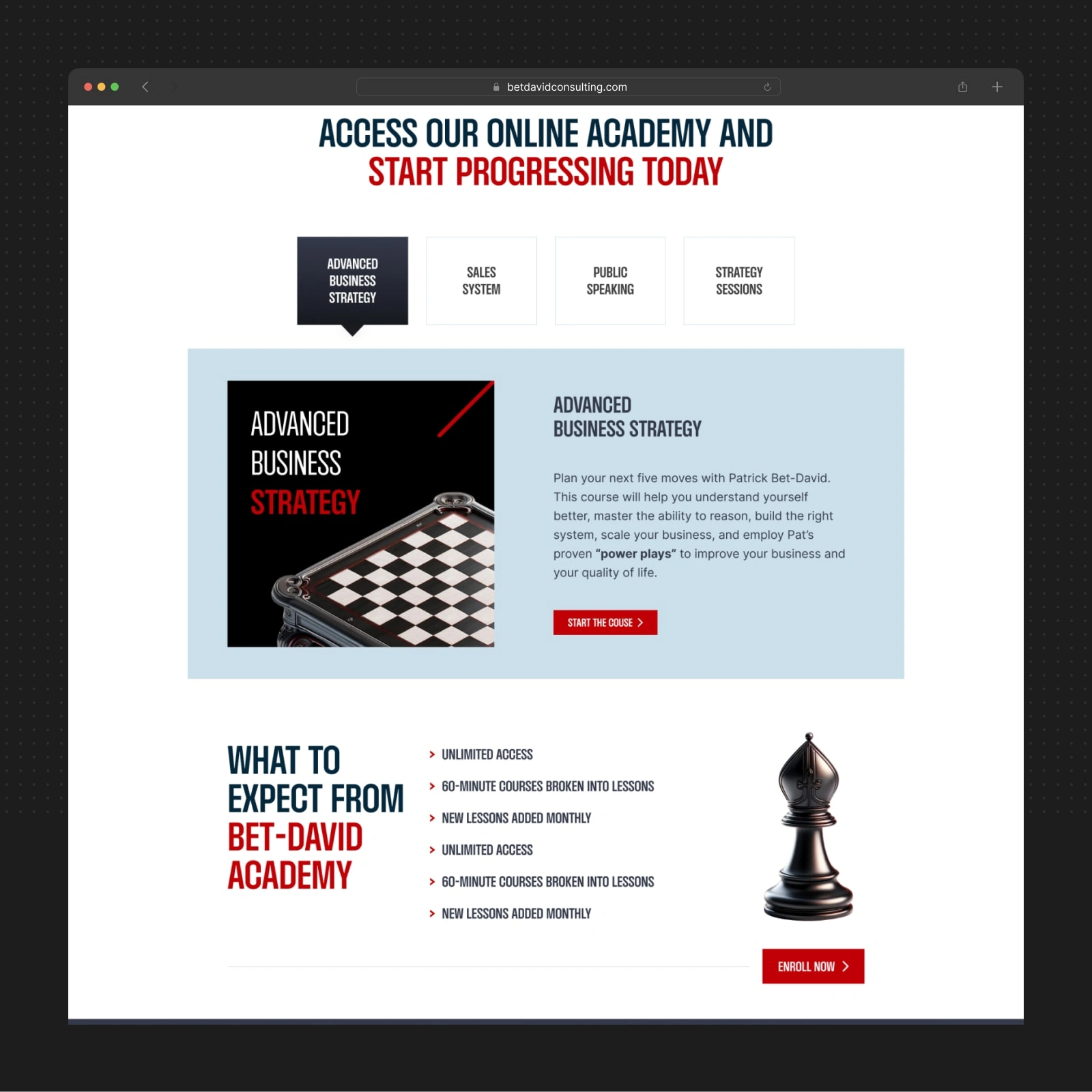 Strategic chess piece meets executive presence. Bold metrics establish credibility while red accents guide action.