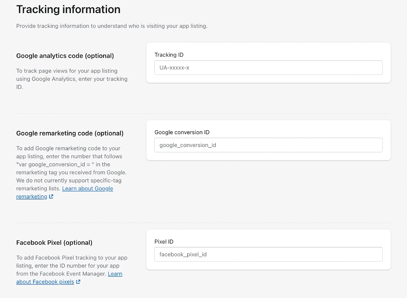 Shopify App listing Tracking information