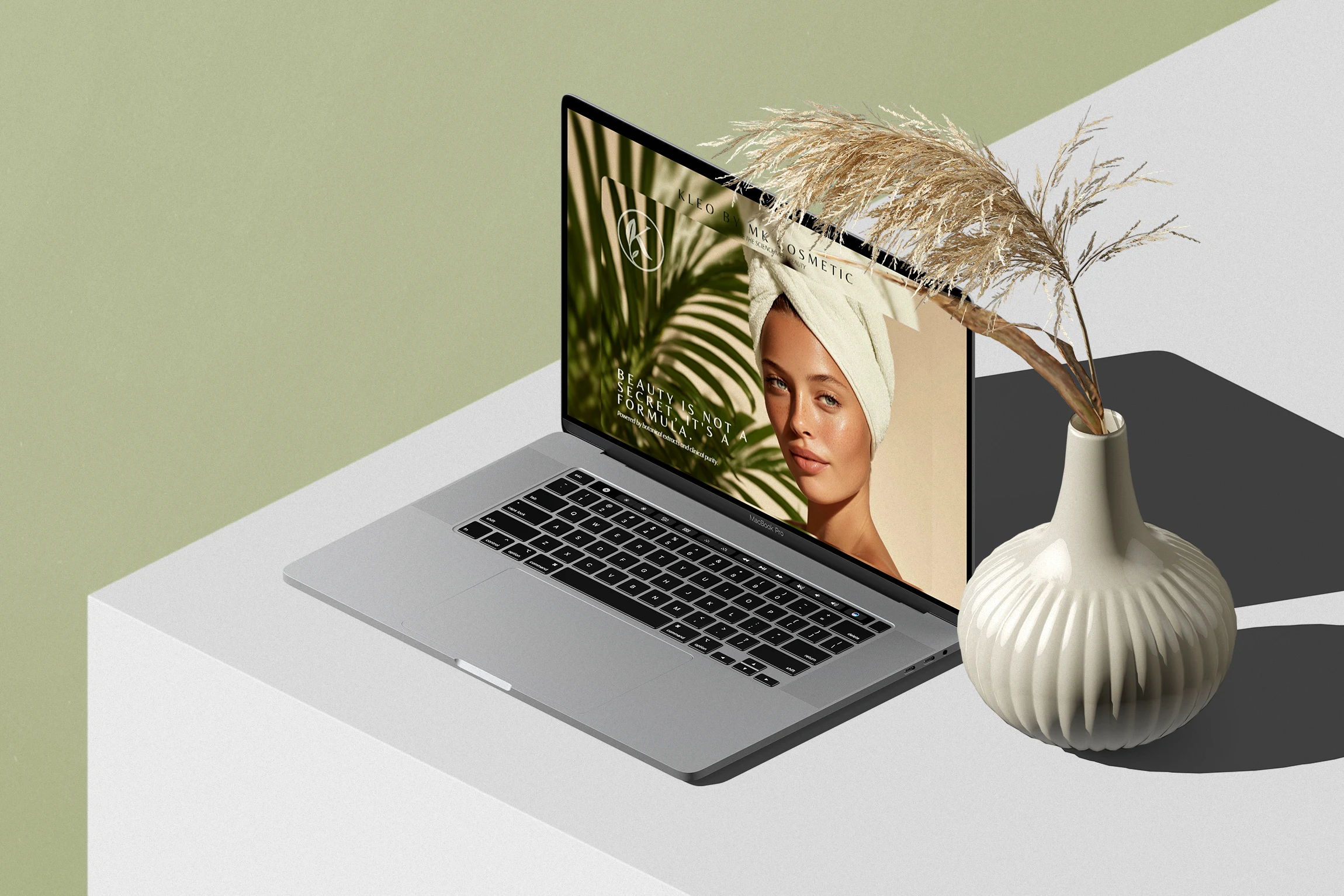 A clean and minimal desktop mockup of Kleo’s landing page, combining natural tones with a gentle layout to reflect the brand’s calm and scientific identity.