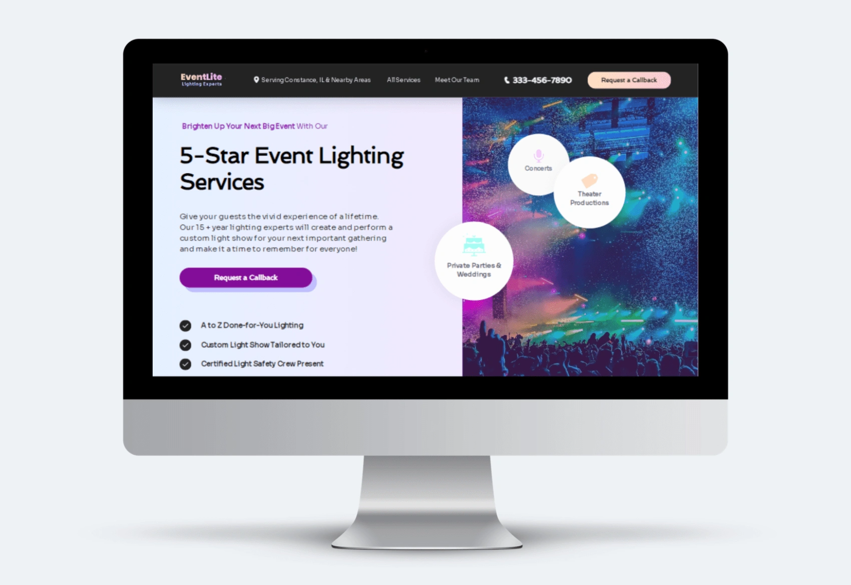 Hero Section of Event Lighting Site