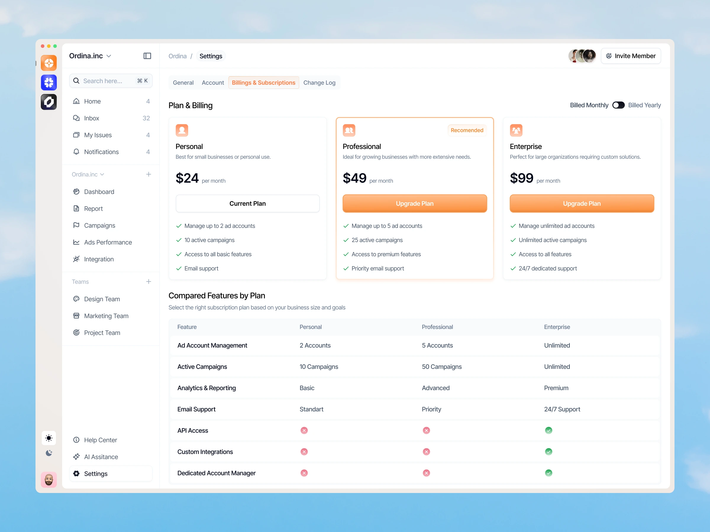Billing & Subscriptions Page