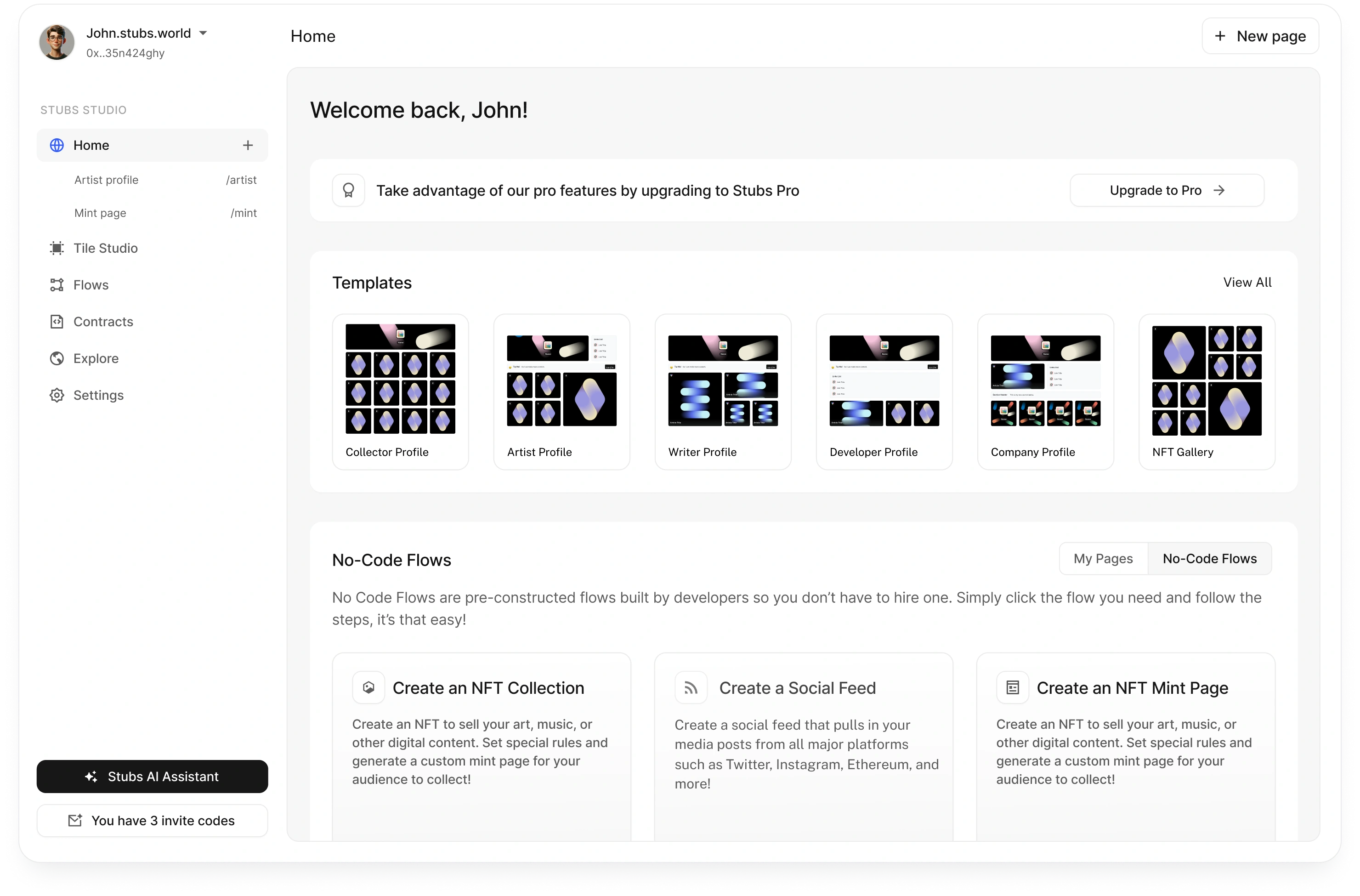 Home - Start from a template, see your pages, quick access to build no-code flows
