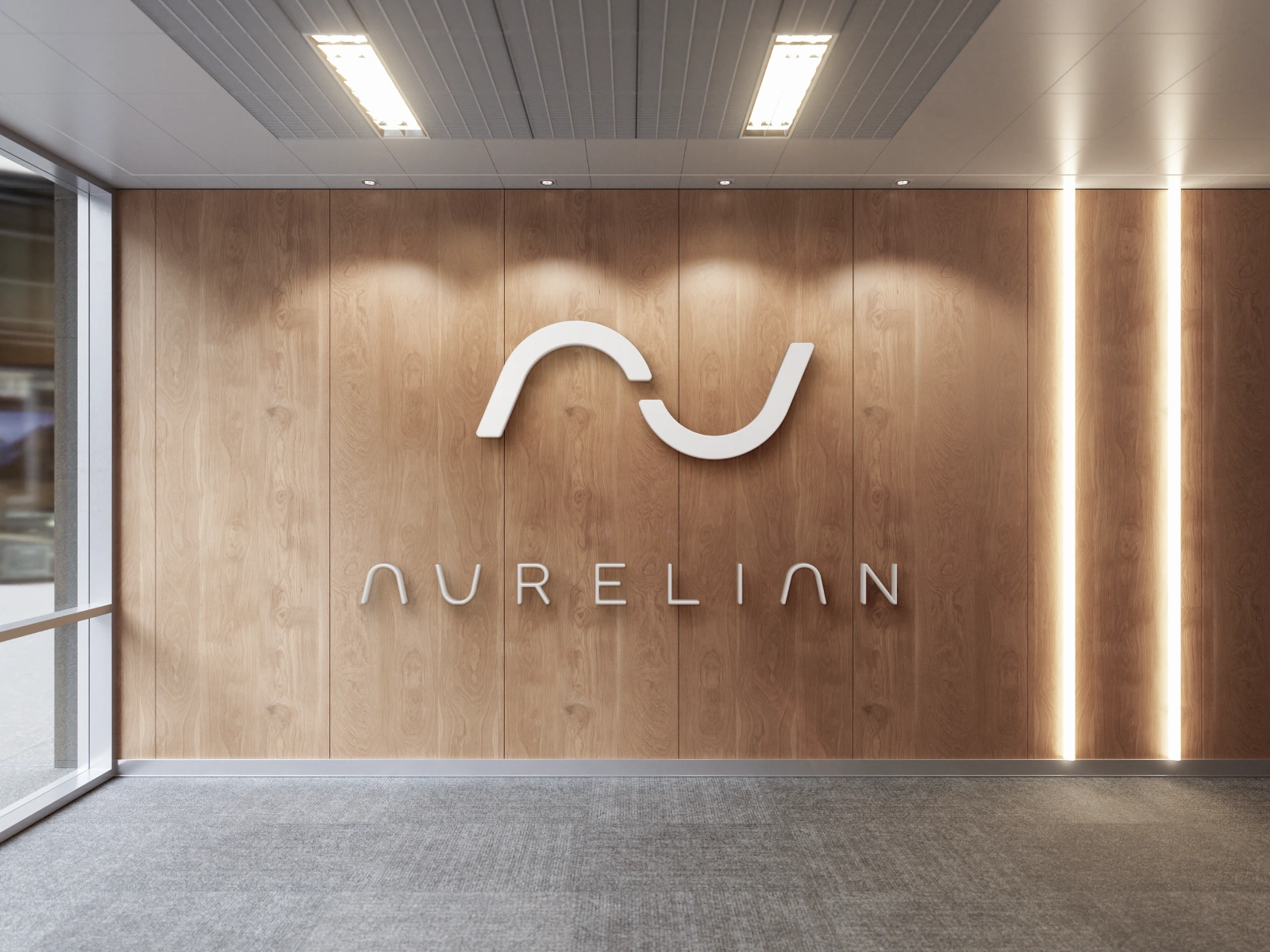 Office signage and interior mockup — branding extended into physical environment for a consistent high-end experience.