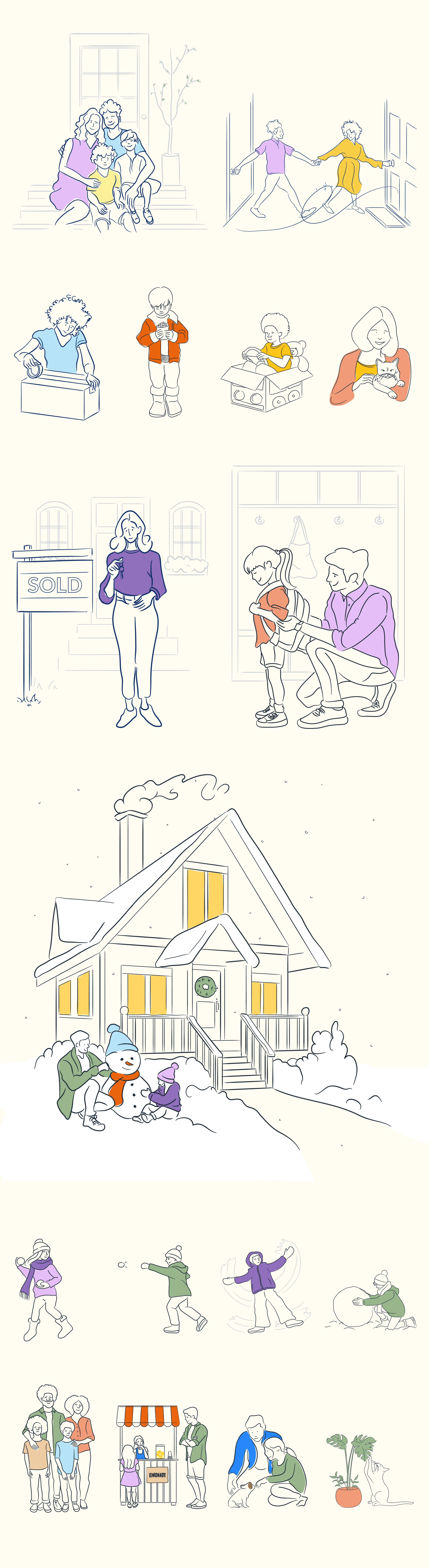 A large collection of illustrations created for Knock. Small sample seen here.