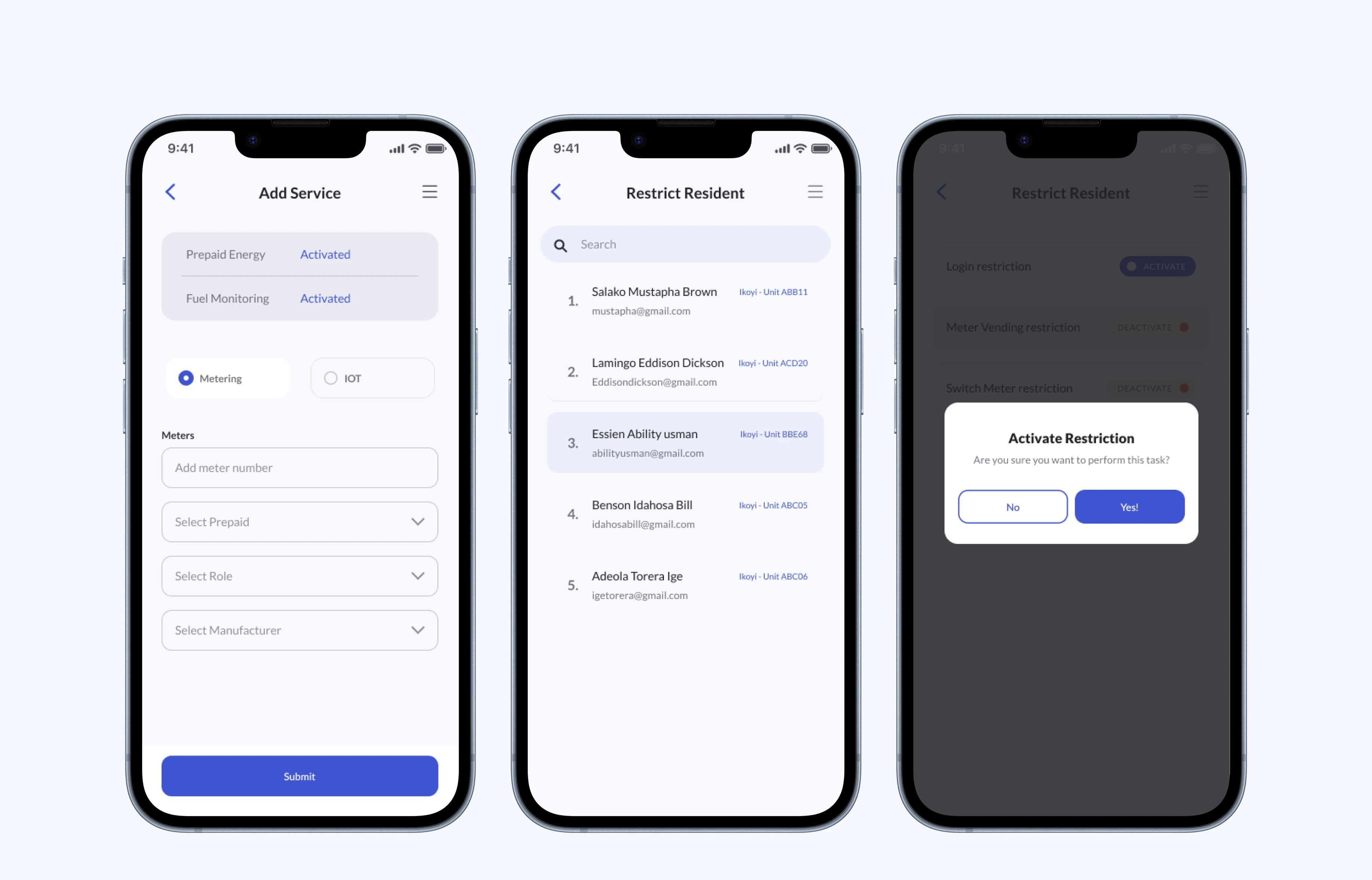 Screen - Add Service, Restrict Resident, Confirm Action.