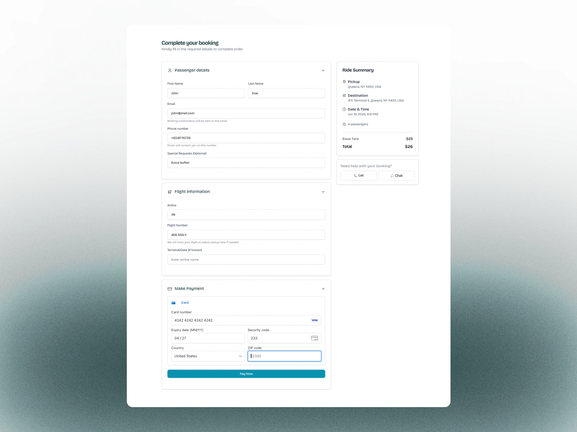 Complete booking section