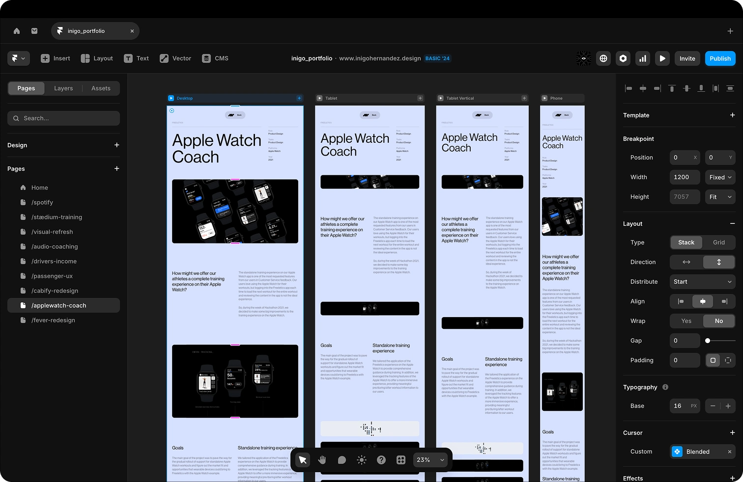 Framer project page responsive frames