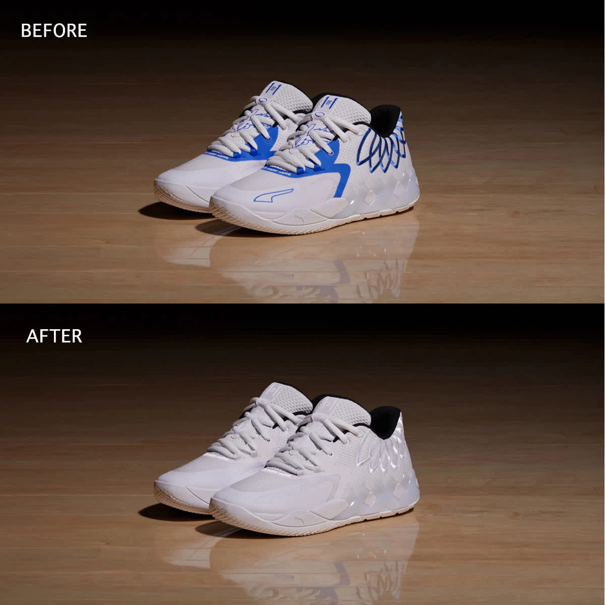 Client required the blue accents on the shoes be changed to white.