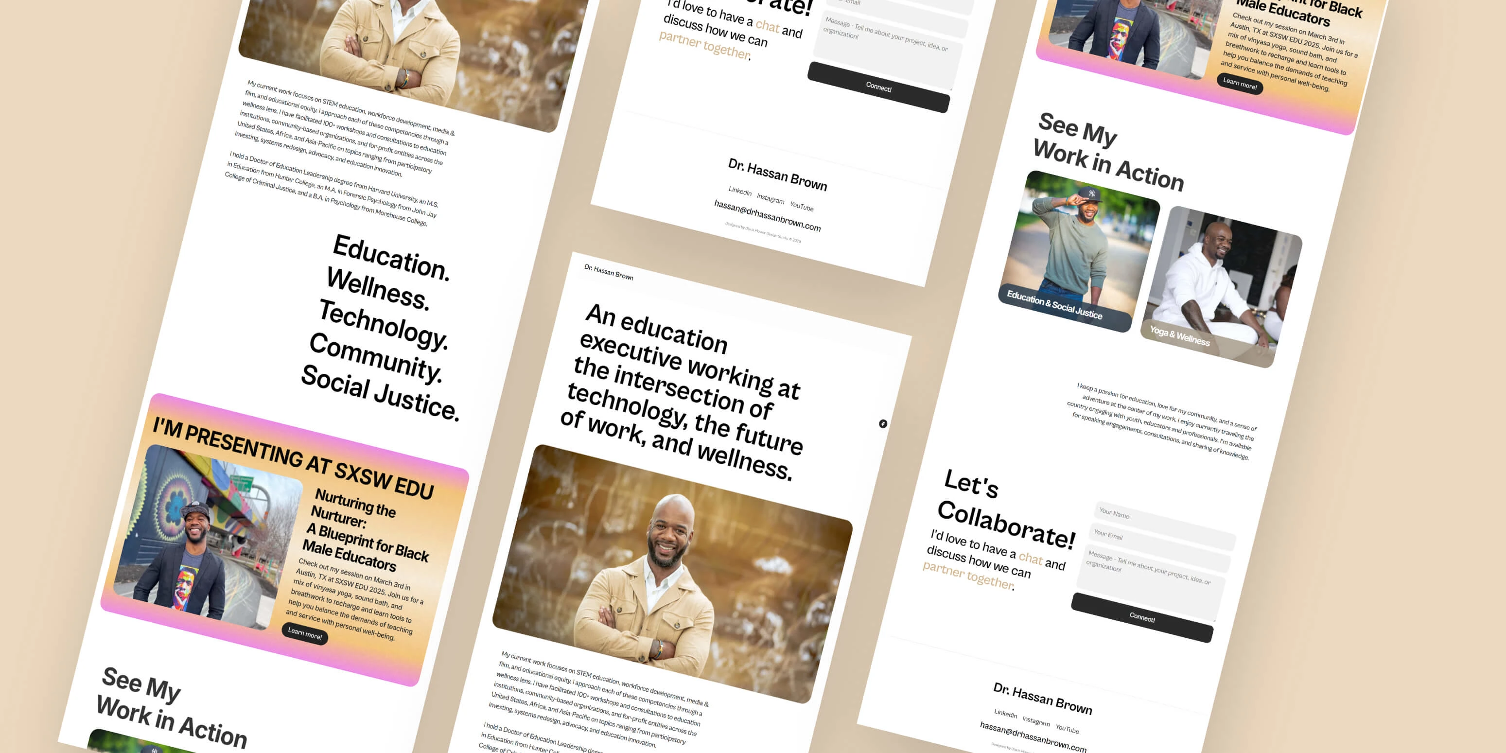 Hassan’s one-page website clearly expresses his identity and values, featuring concise Mission, About, and Work sections for easy understanding, and a prominent Contact section for quick connections.