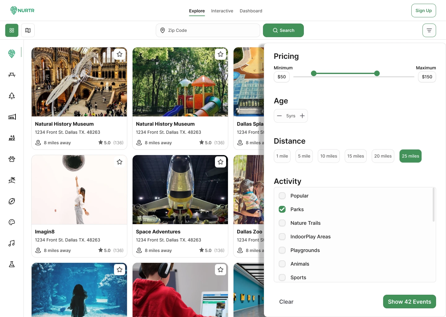 The filter button opens a side - peak view live updating the explore feed with the users' choices
