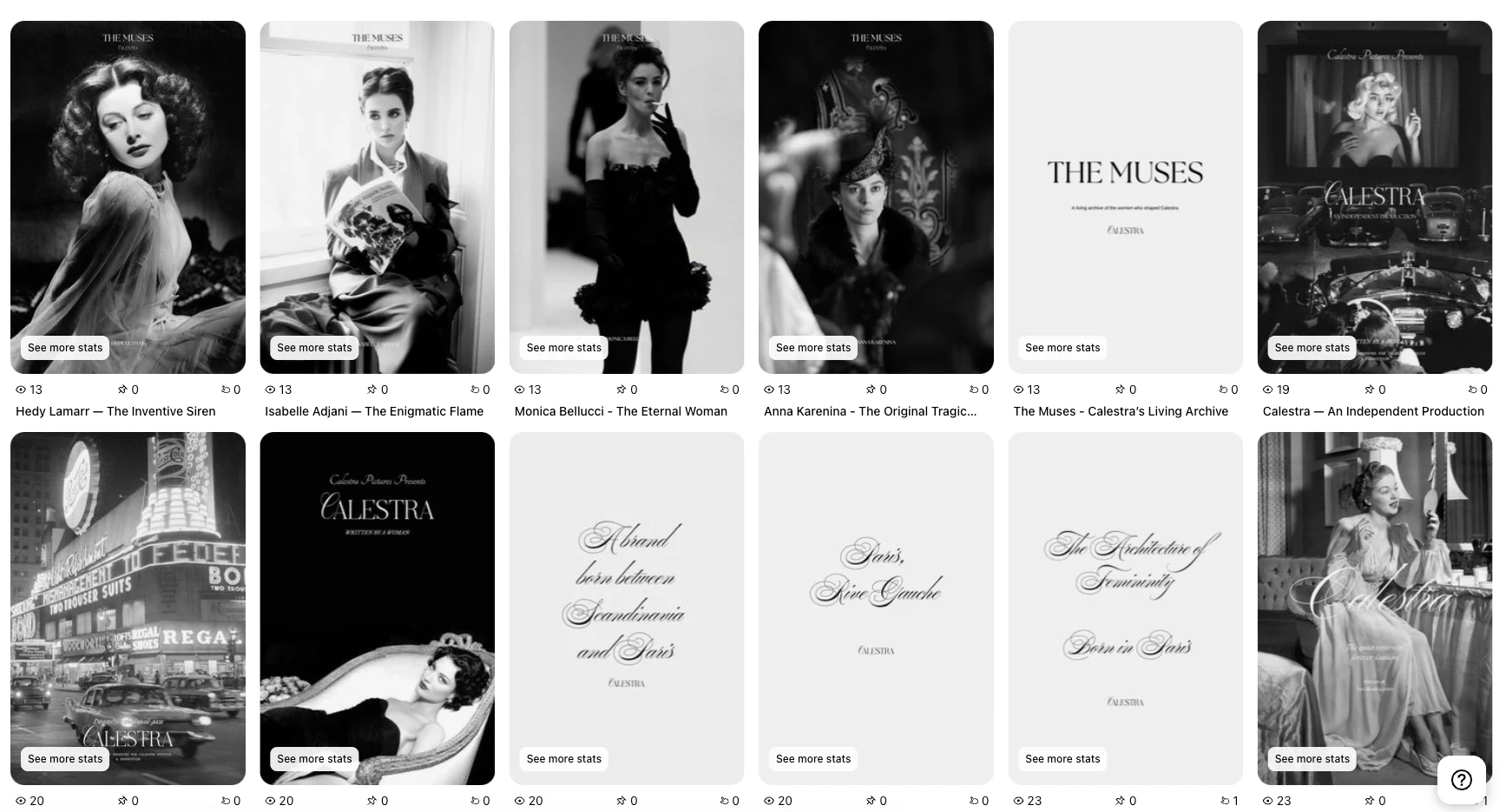 The Calestra Pinterest account is structured as a digital archive, clean, cinematic, and story-forward. Each board and Pin contributes to an immersive visual system that mirrors an editorial moodboard or independent publication, reinforcing both brand tone and content depth.