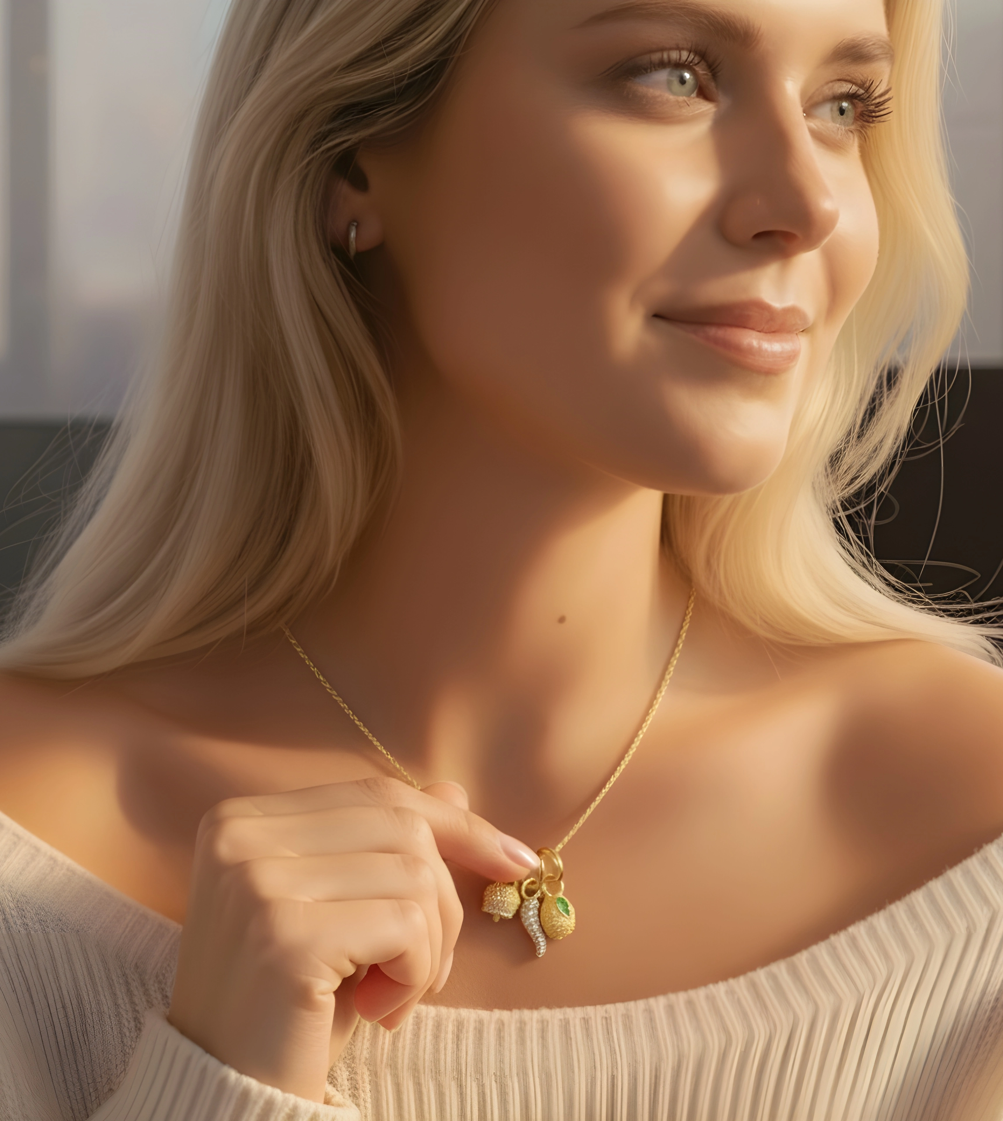 Example of model wearing the Capri Bell jewelery.
