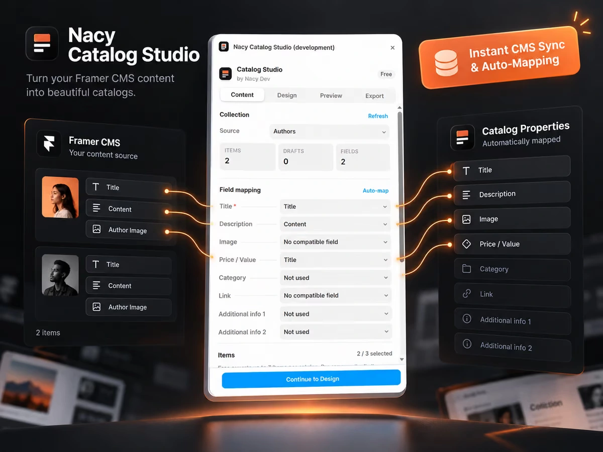 Nacy Catalog Studio — Turn your Framer CMS content into beautiful catalogs