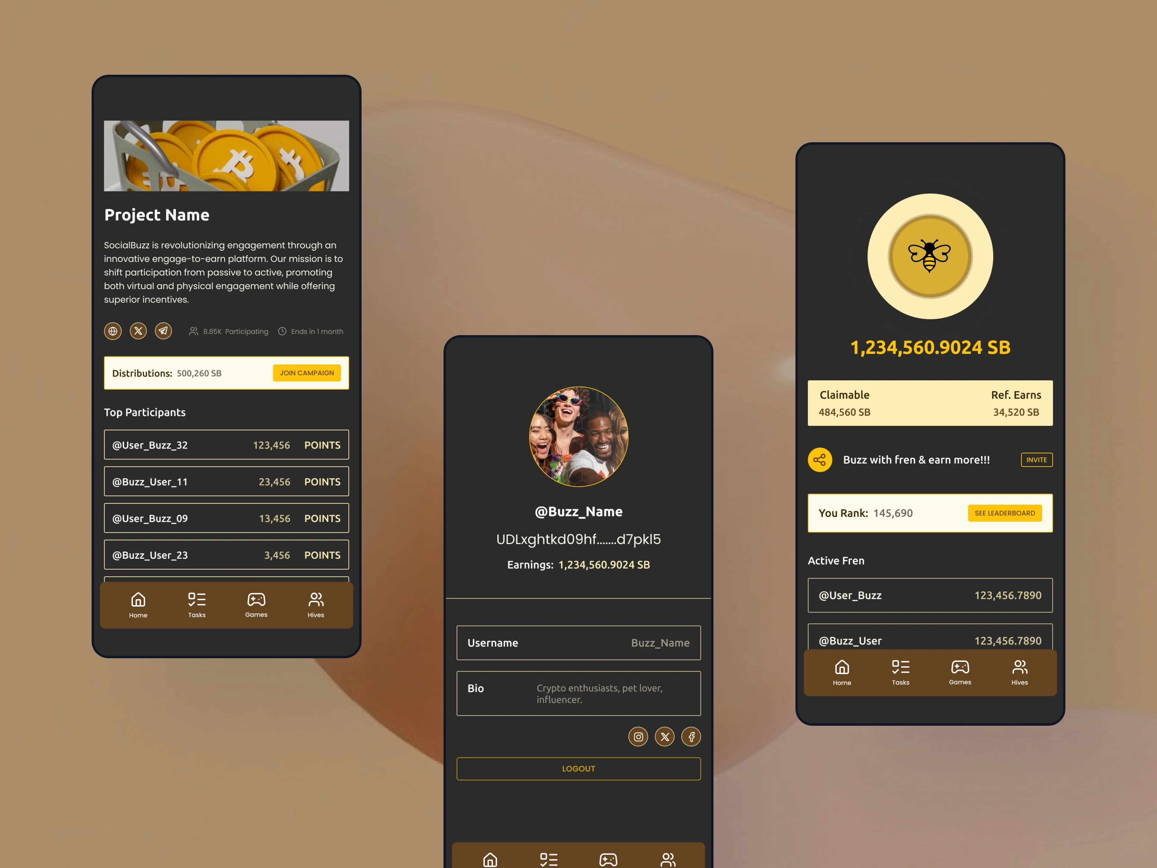 Profile, Rewards & Partnering Project Details - Dark Screen Pages