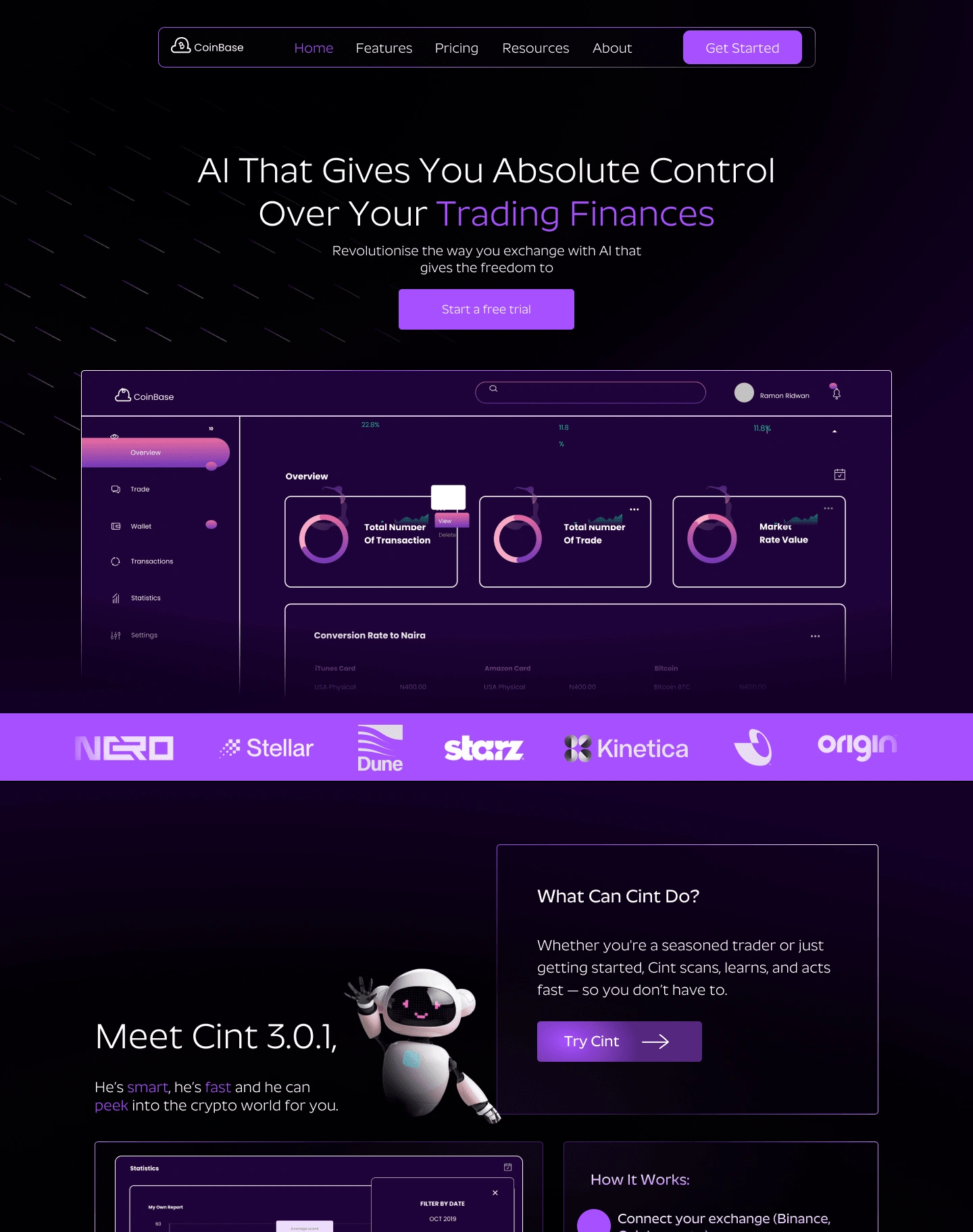 CoinBase Trading Website Landing Page Design, Hero section, Affiliated Brands section, Cint Character Introduction section