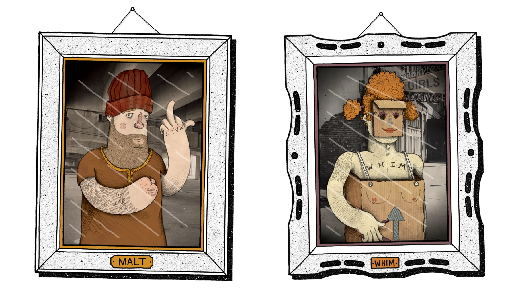 Character design for "Malt" and "Whim" beer categories.