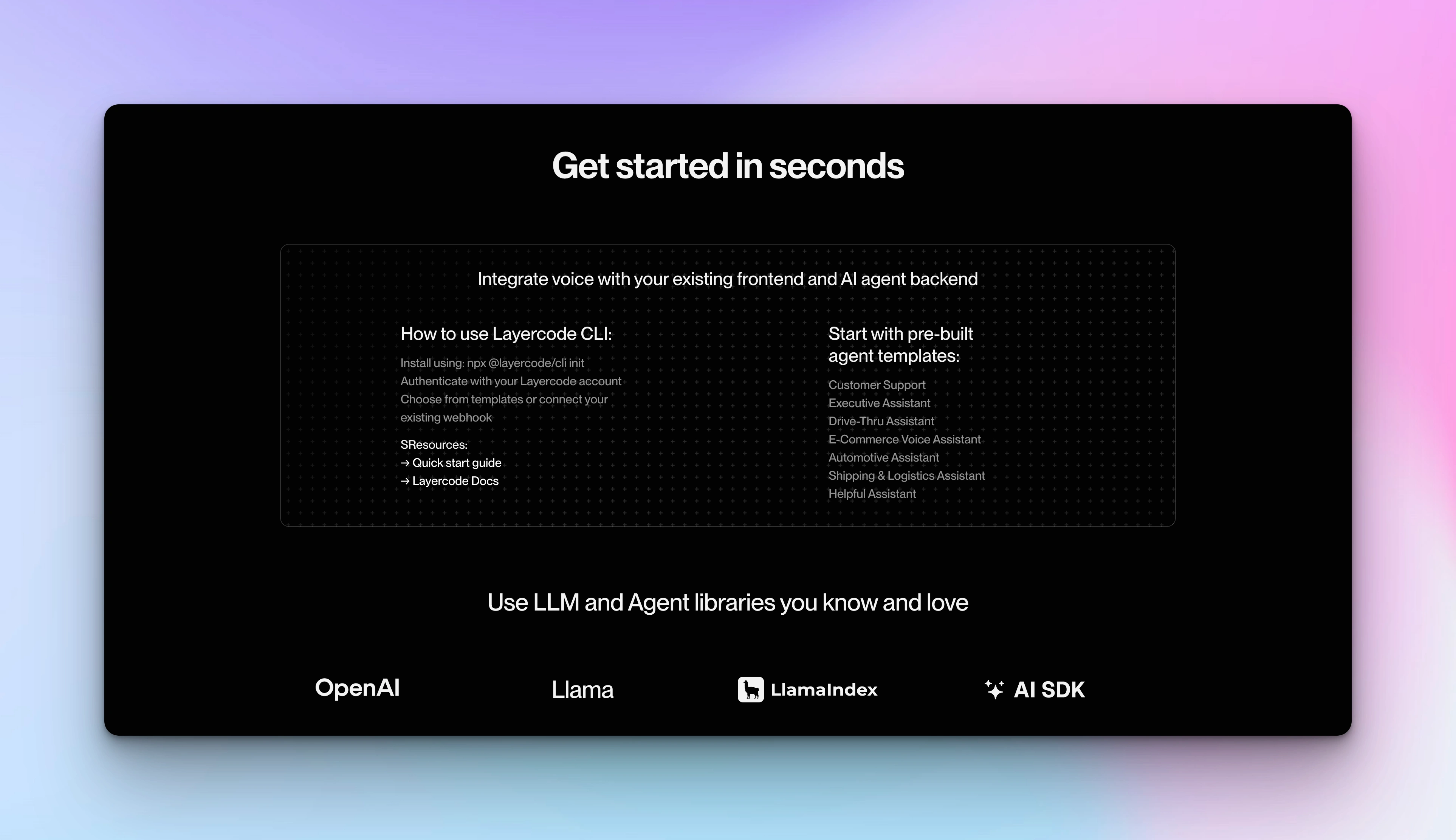 First steps section with links to the Docs and a quick start guide