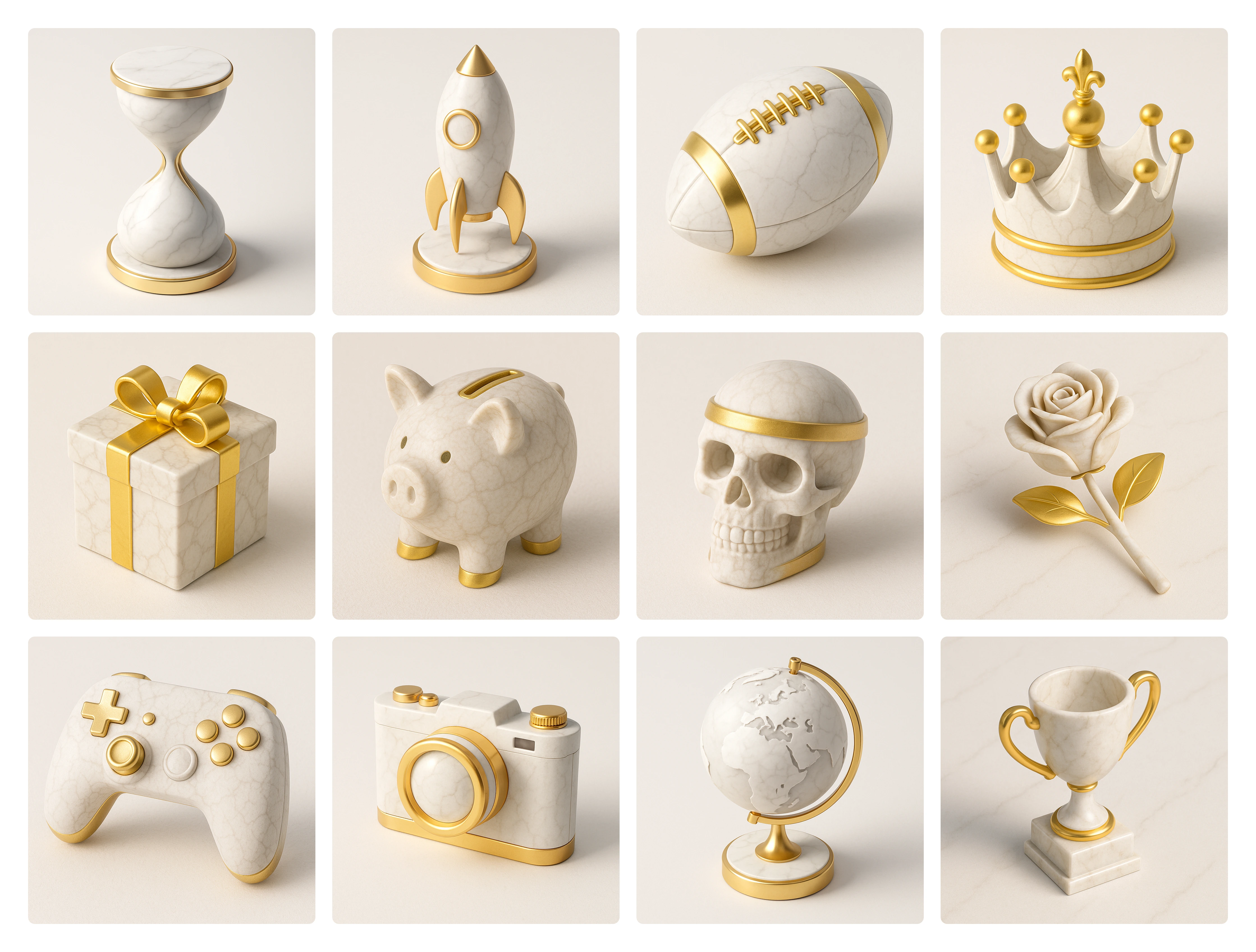12 unique 3D icons in "Classic White Marble with Gold Elegance" theme
