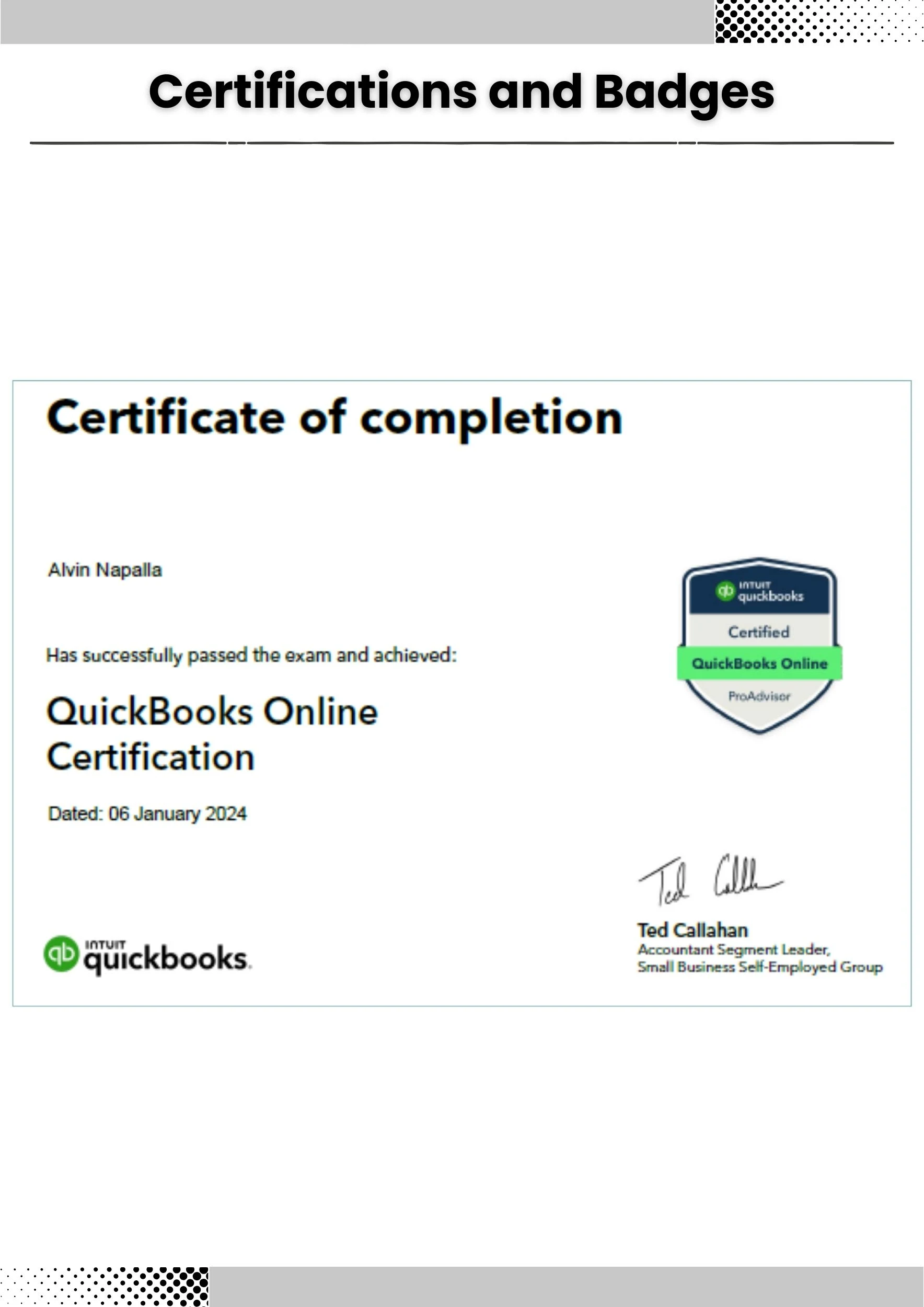 QuickBooks ProAdvisor Certificate